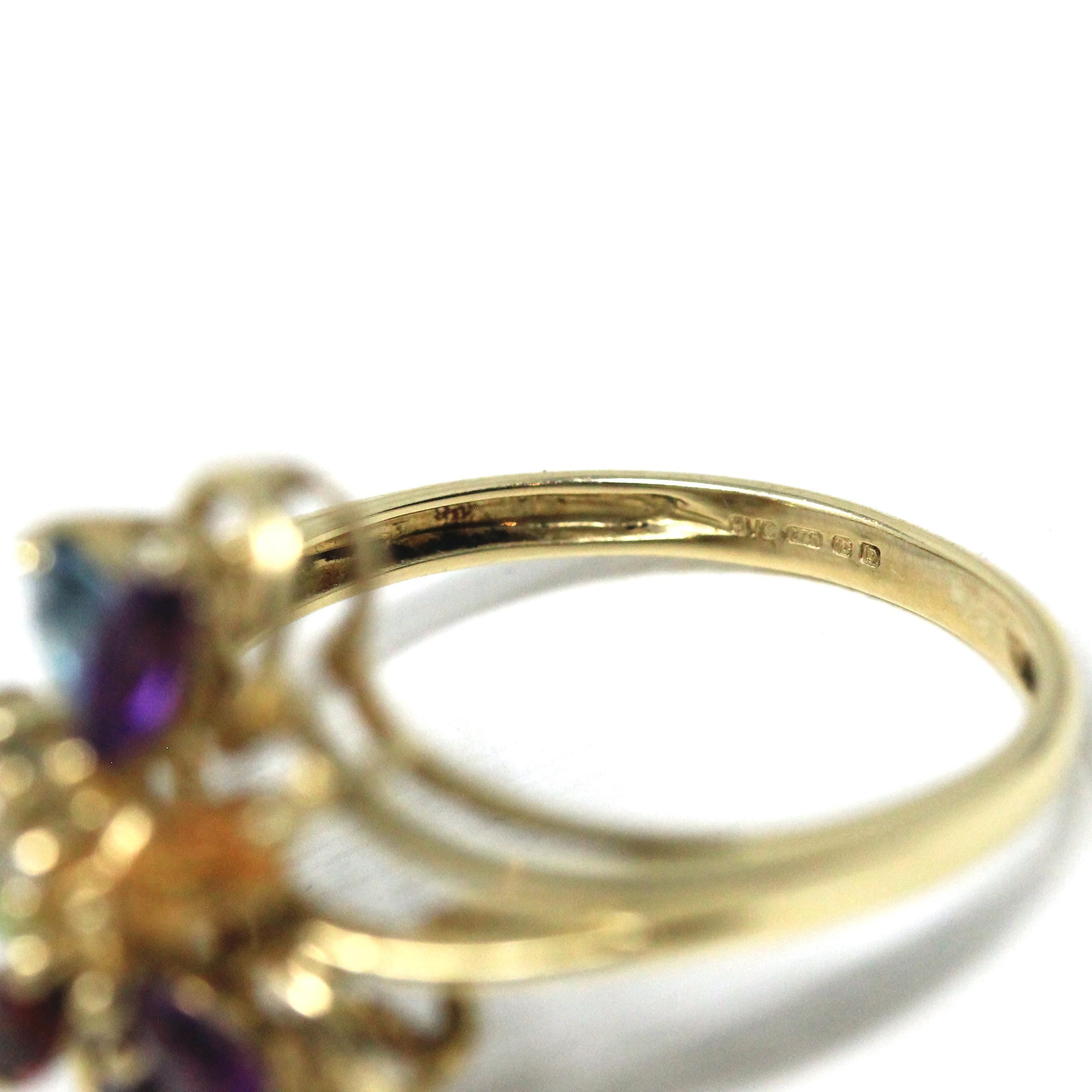 Rainbow Gemstone Ring - Modern 9k Yellow Gold Multi Color Gemstones - Hallmarked 2001 Size 8 1/4 Fine Floral Statement Birmingham Jewelry