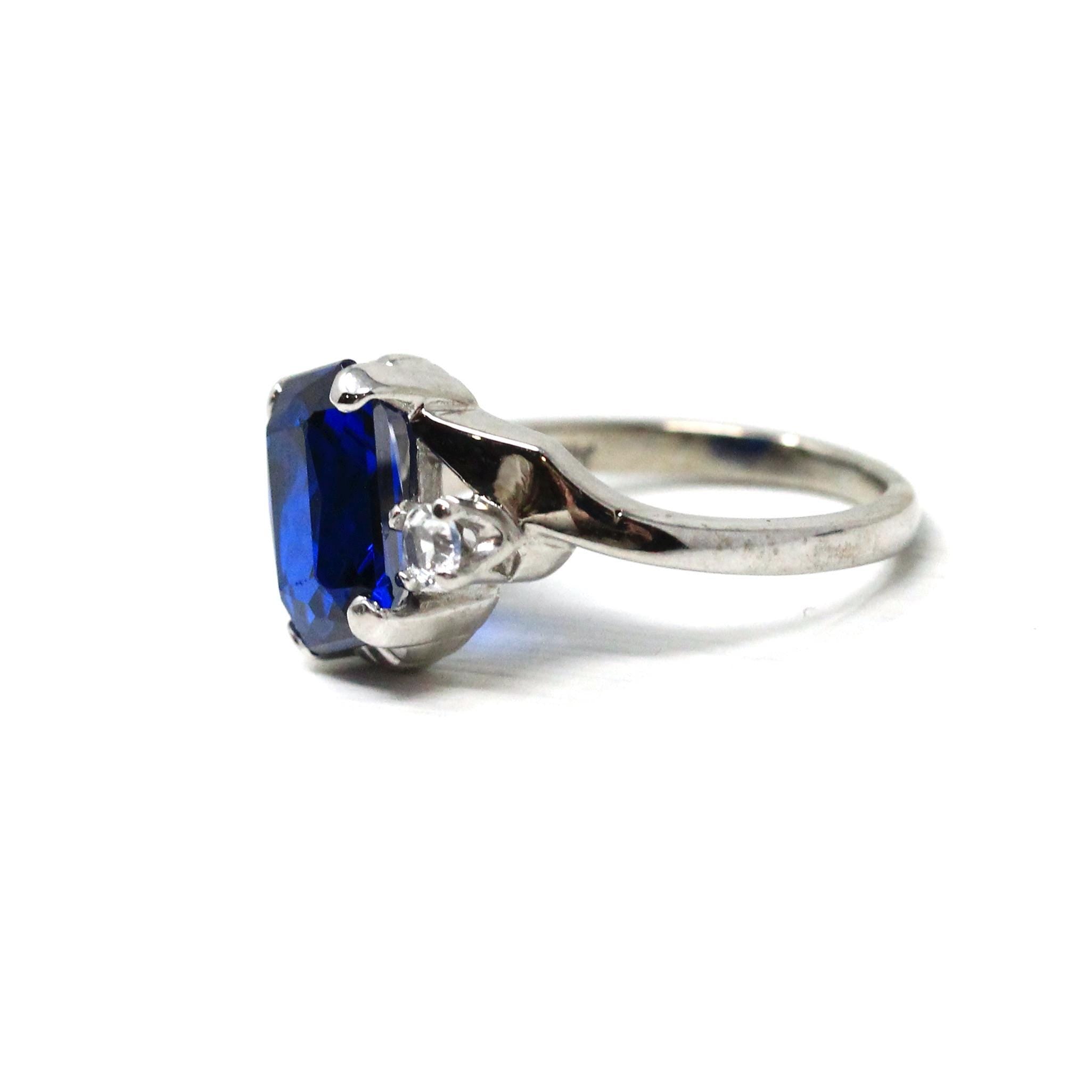 Created Spinel Ring - Retro Era 10k White Gold Octagonal Blue & Round White Gems - Circa 1960s Size 6 1/4 Fine Simulated Birthstone Jewelry