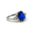 Created Spinel Ring - Retro Era 10k White Gold Octagonal Blue & Round White Gems - Circa 1960s Size 6 1/4 Fine Simulated Birthstone Jewelry