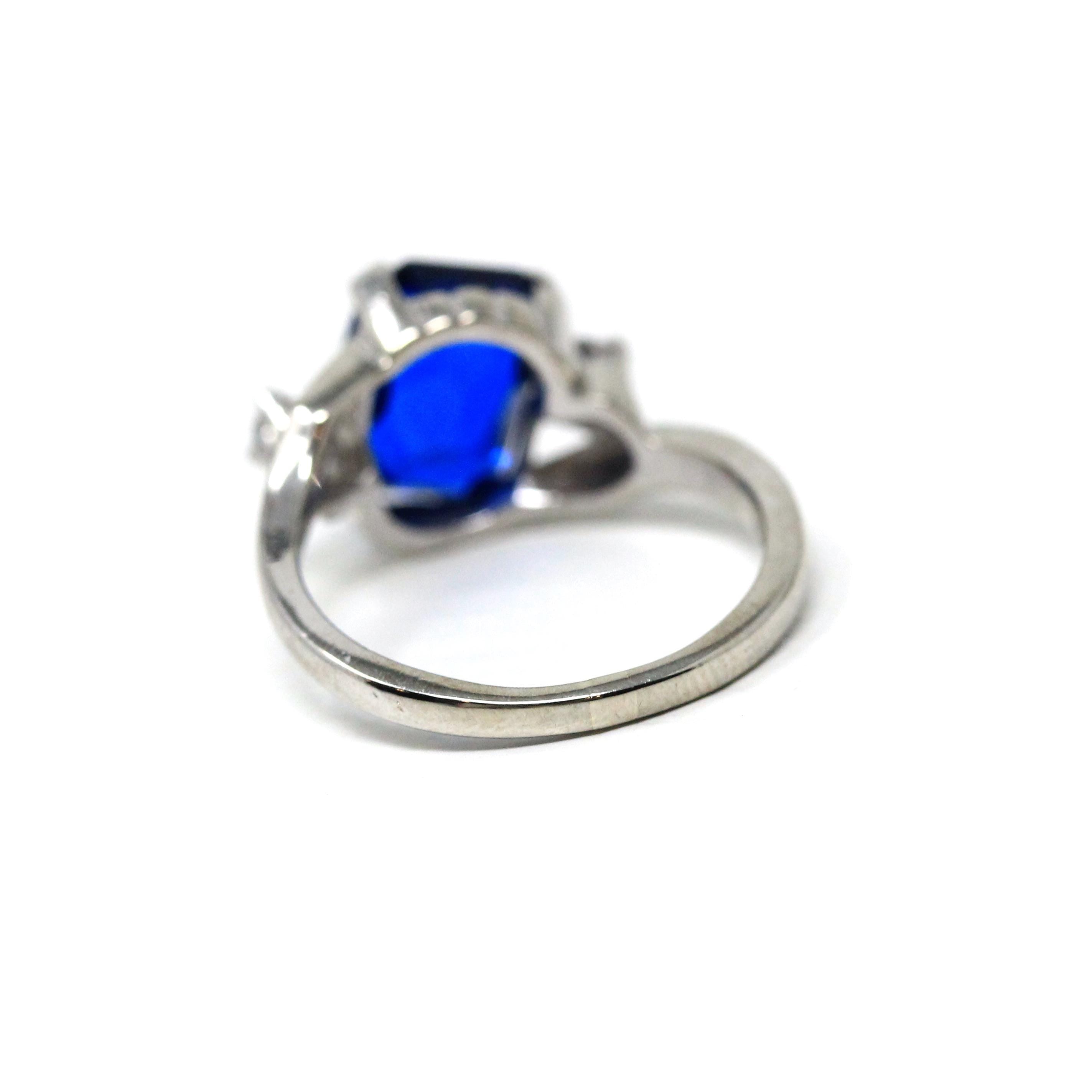 Created Spinel Ring - Retro Era 10k White Gold Octagonal Blue & Round White Gems - Circa 1960s Size 6 1/4 Fine Simulated Birthstone Jewelry