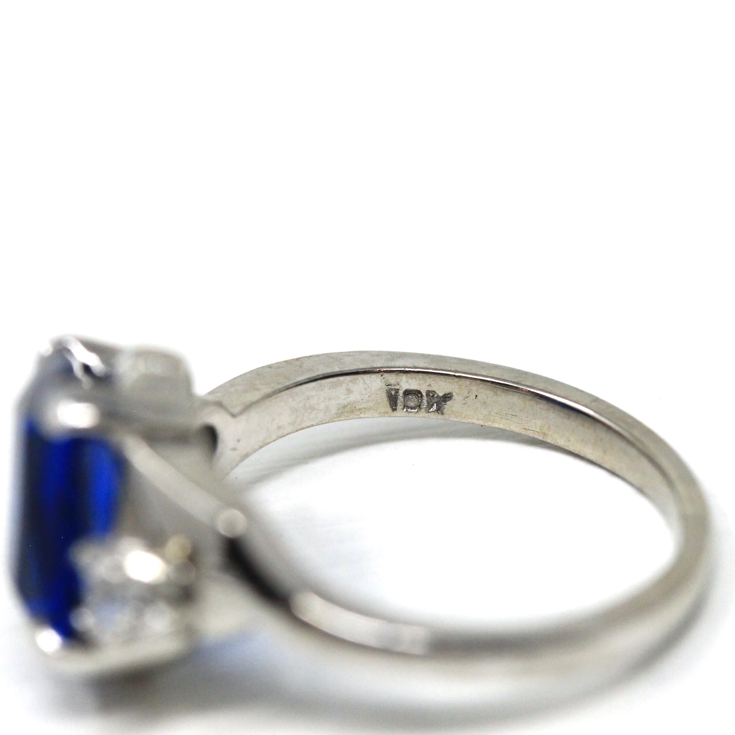 Created Spinel Ring - Retro Era 10k White Gold Octagonal Blue & Round White Gems - Circa 1960s Size 6 1/4 Fine Simulated Birthstone Jewelry