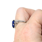 Created Spinel Ring - Retro Era 10k White Gold Octagonal Blue & Round White Gems - Circa 1960s Size 6 1/4 Fine Simulated Birthstone Jewelry