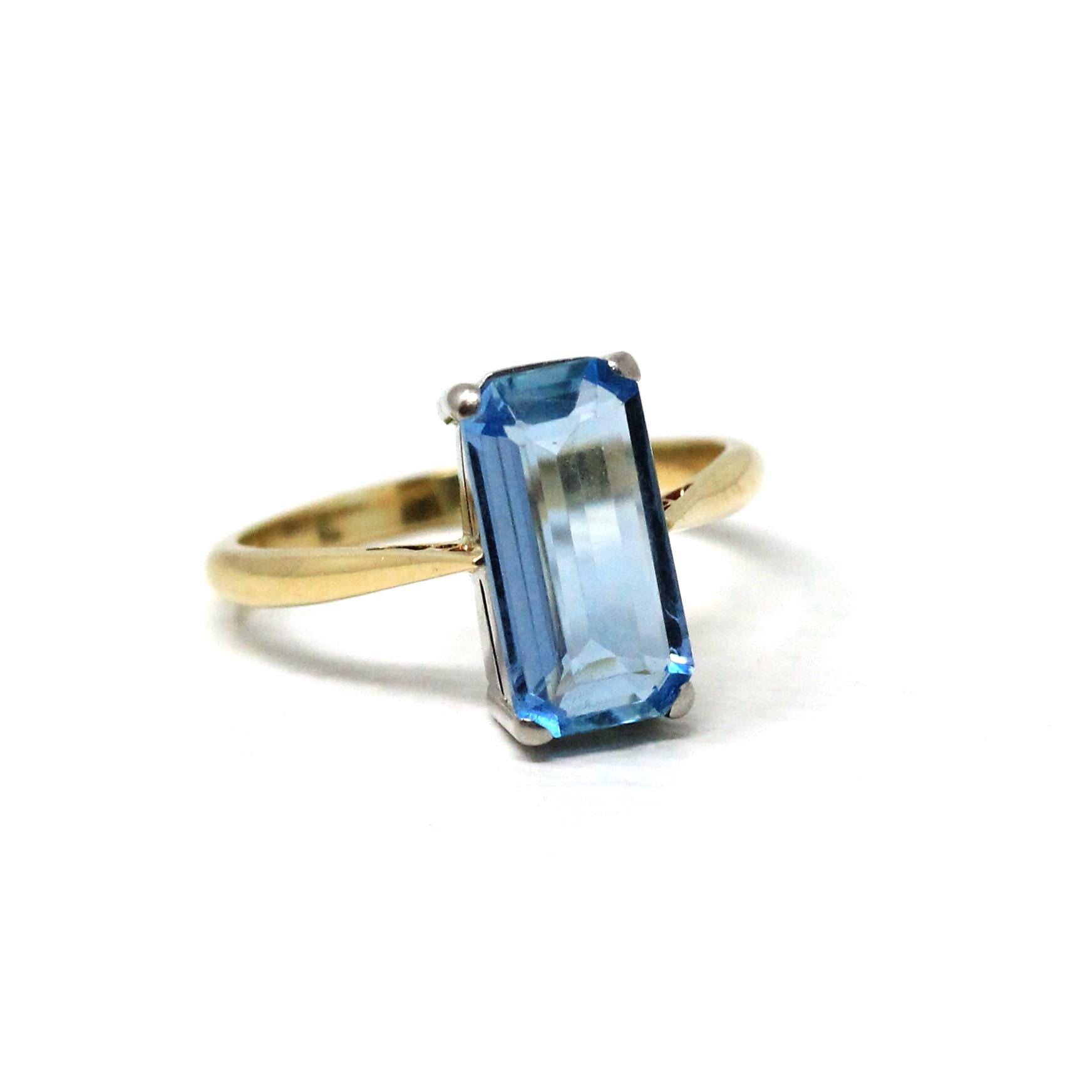 Estate Aquamarine Ring - Modern 18k Yellow & White Gold Elongated Emerald Cut 2.25 CT Natural Blue Gem - Circa 2000s Size 7 3/4 Fine Jewelry