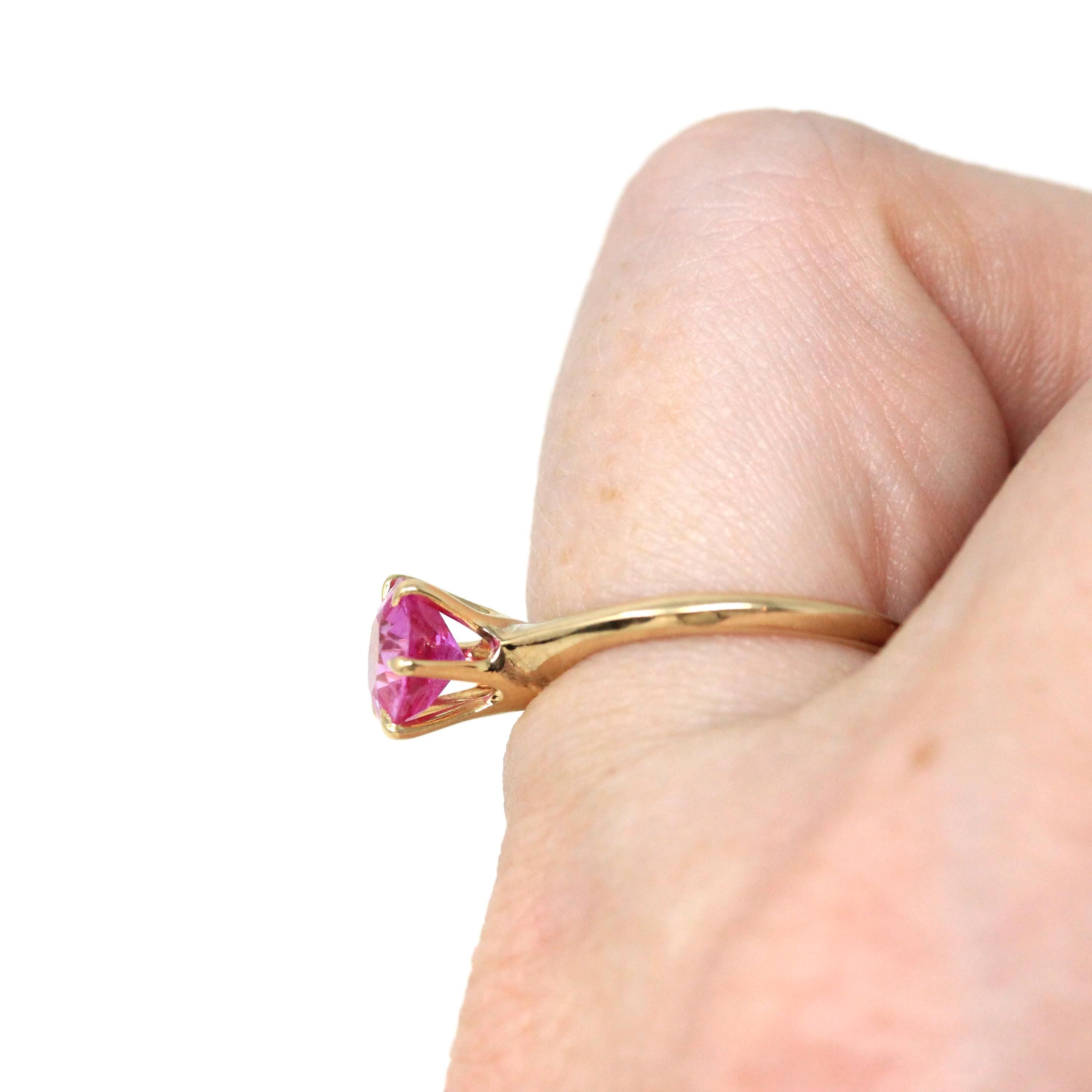 Created Pink Sapphire Ring - Vintage 10k Yellow Gold Round Faceted Retro Solitaire - Circa 1940s Size 6 Fine September Birthstone Jewelry