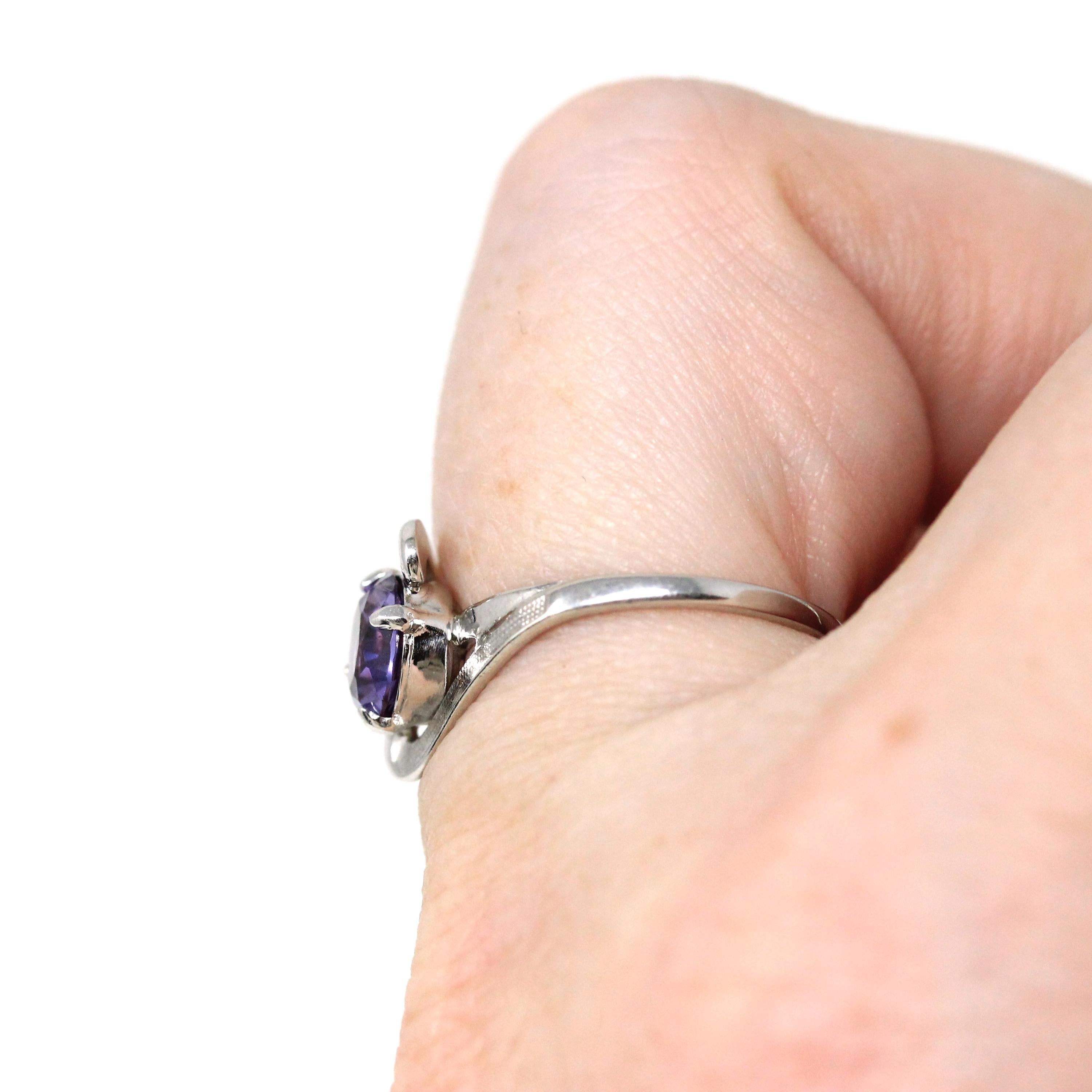 Created Color Change Sapphire Ring - Mid Century 10k White Gold Purple Pink 1.25 CT Stone - Circa 1960s Size 5 3/4 Fine Statement Jewelry