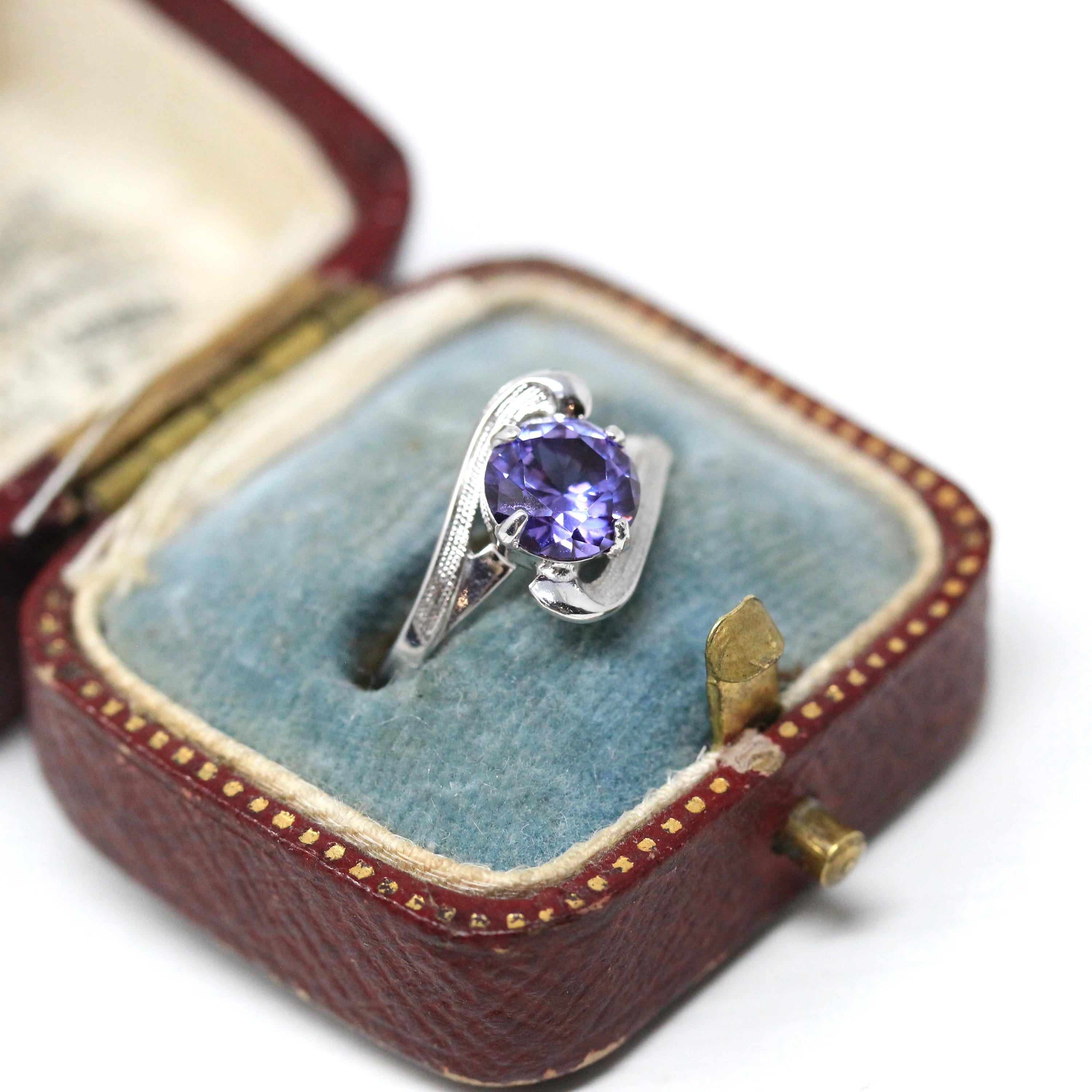 Created Color Change Sapphire Ring - Mid Century 10k White Gold Purple Pink 1.25 CT Stone - Circa 1960s Size 5 3/4 Fine Statement Jewelry