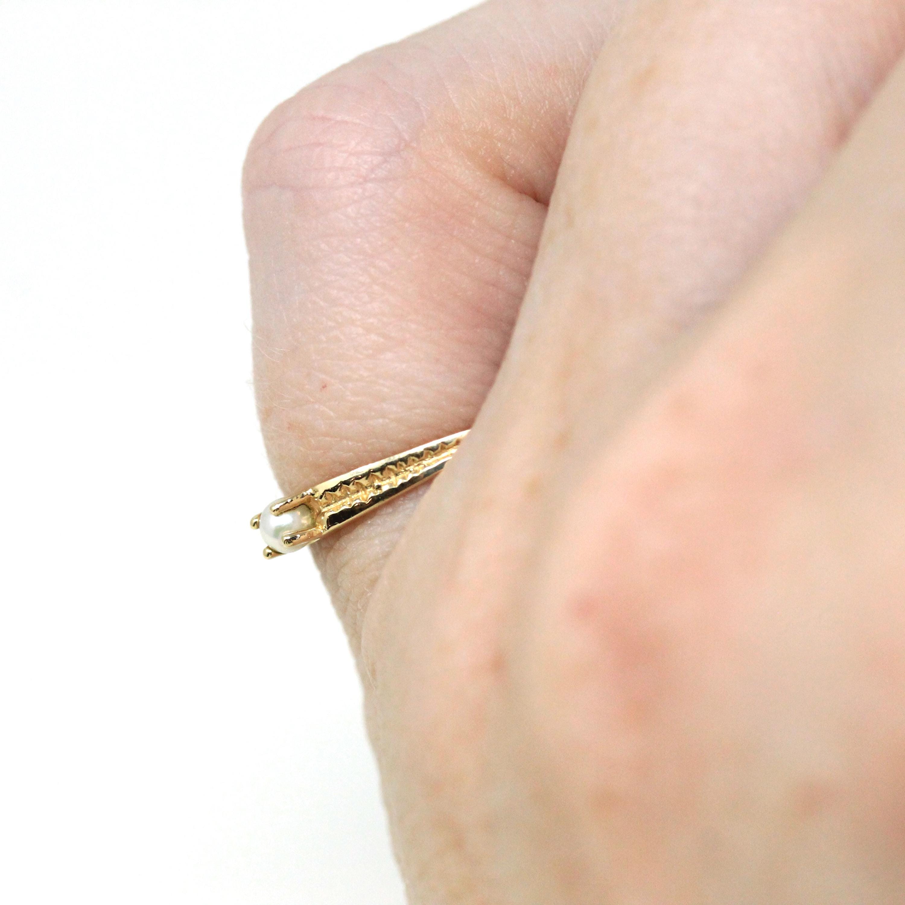 Pearl Baby Ring - Estate 14k Yellow Gold Midi Pinky Band Natural Cultured Gem - Modern 2000s Era Size 4 June Birthstone Fine Infant Jewelry