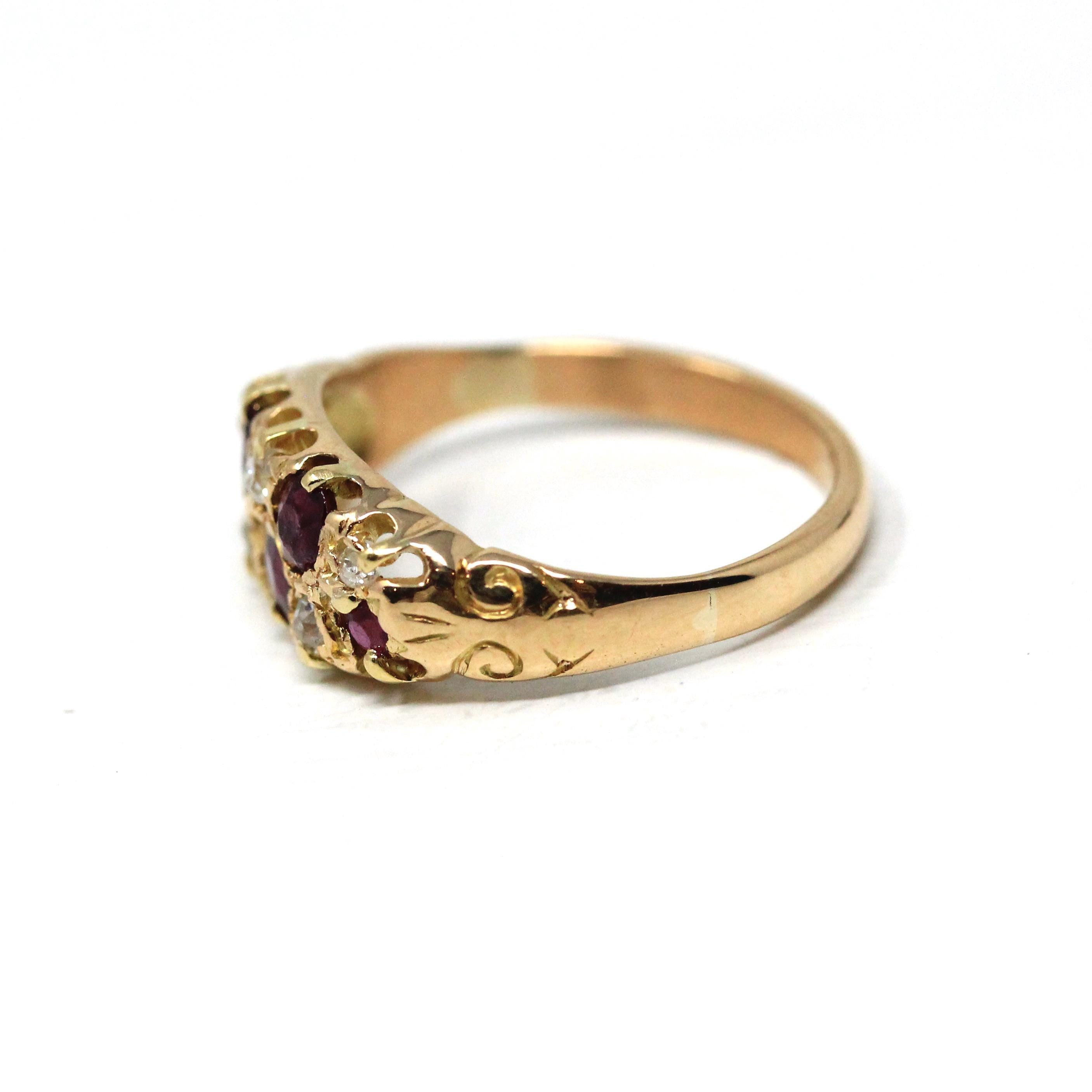 Antique Ruby & Diamond Ring - Edwardian 18k Yellow Gold Natural Red Gemstones Anniversary Band - Circa 1900s Size 4 3/4 Fine Bridal Jewelry