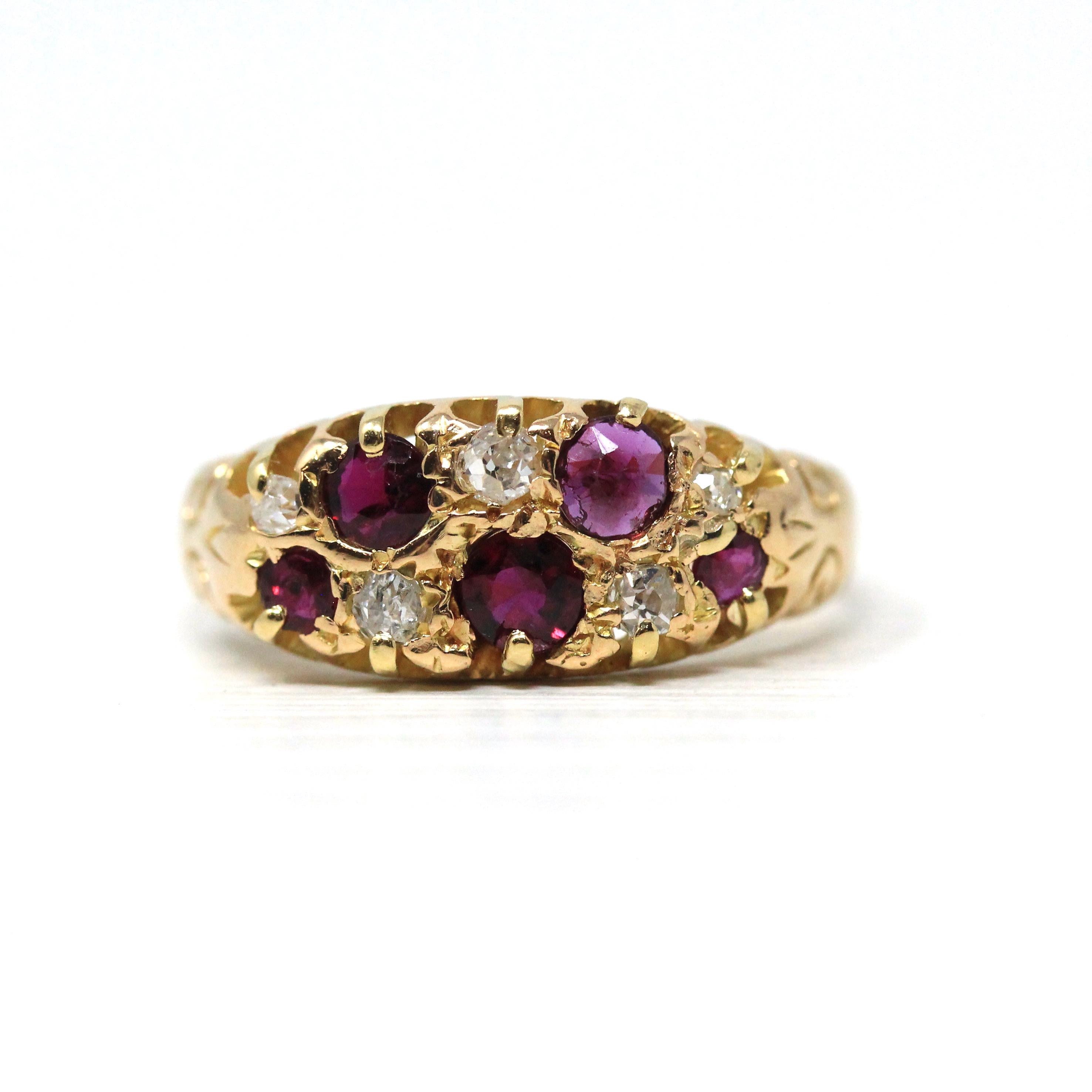 Antique Ruby & Diamond Ring - Edwardian 18k Yellow Gold Natural Red Gemstones Anniversary Band - Circa 1900s Size 4 3/4 Fine Bridal Jewelry
