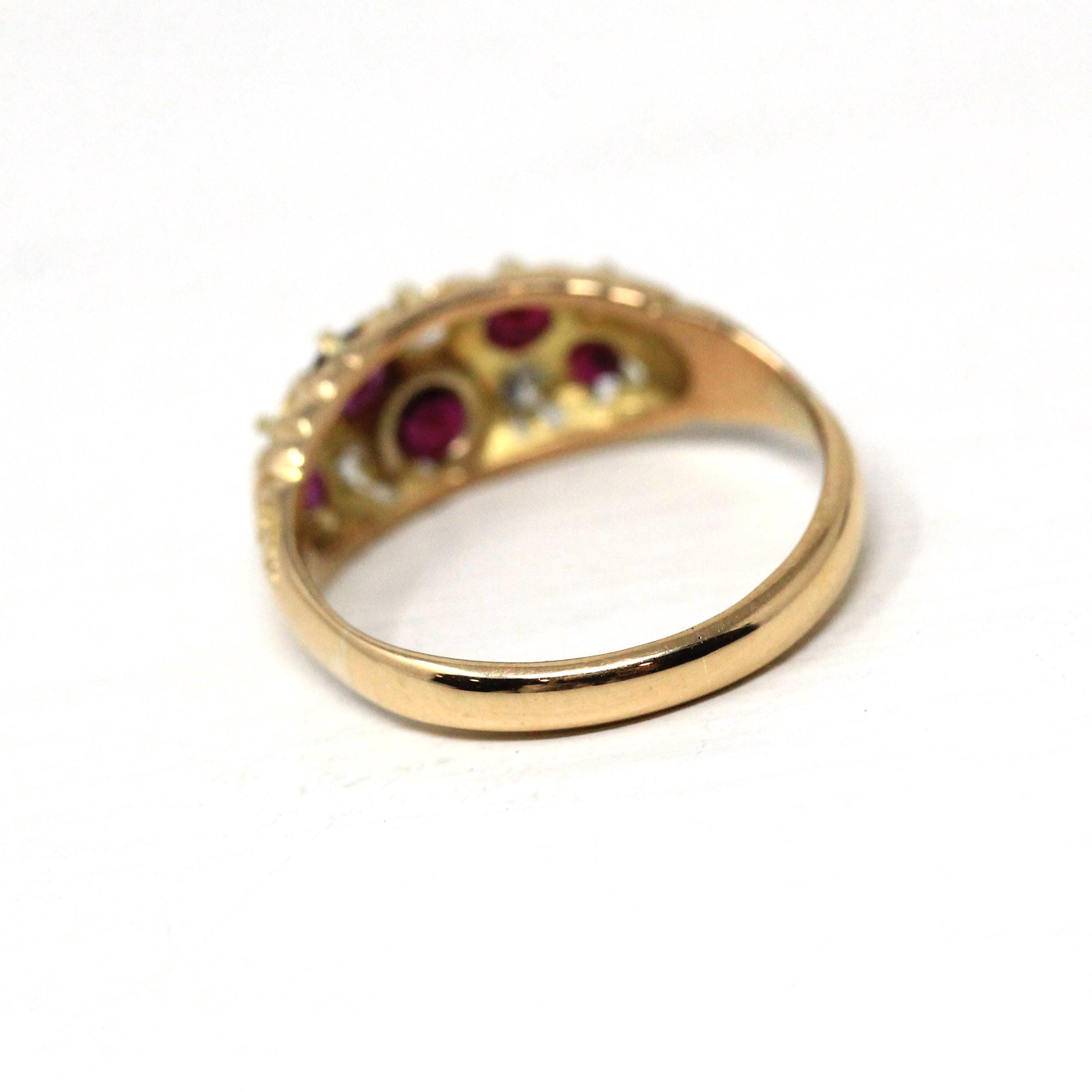 Antique Ruby & Diamond Ring - Edwardian 18k Yellow Gold Natural Red Gemstones Anniversary Band - Circa 1900s Size 4 3/4 Fine Bridal Jewelry