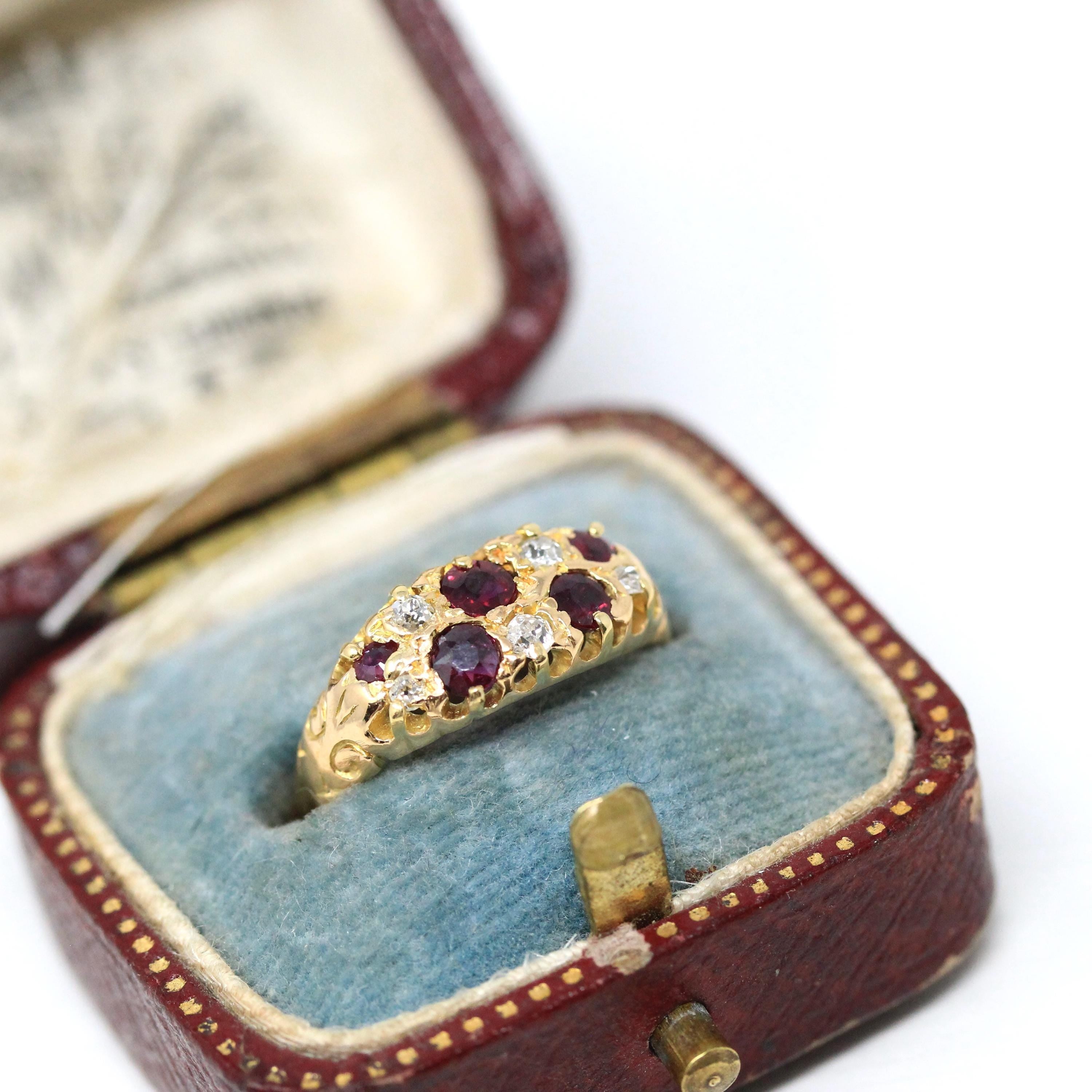 Antique Ruby & Diamond Ring - Edwardian 18k Yellow Gold Natural Red Gemstones Anniversary Band - Circa 1900s Size 4 3/4 Fine Bridal Jewelry