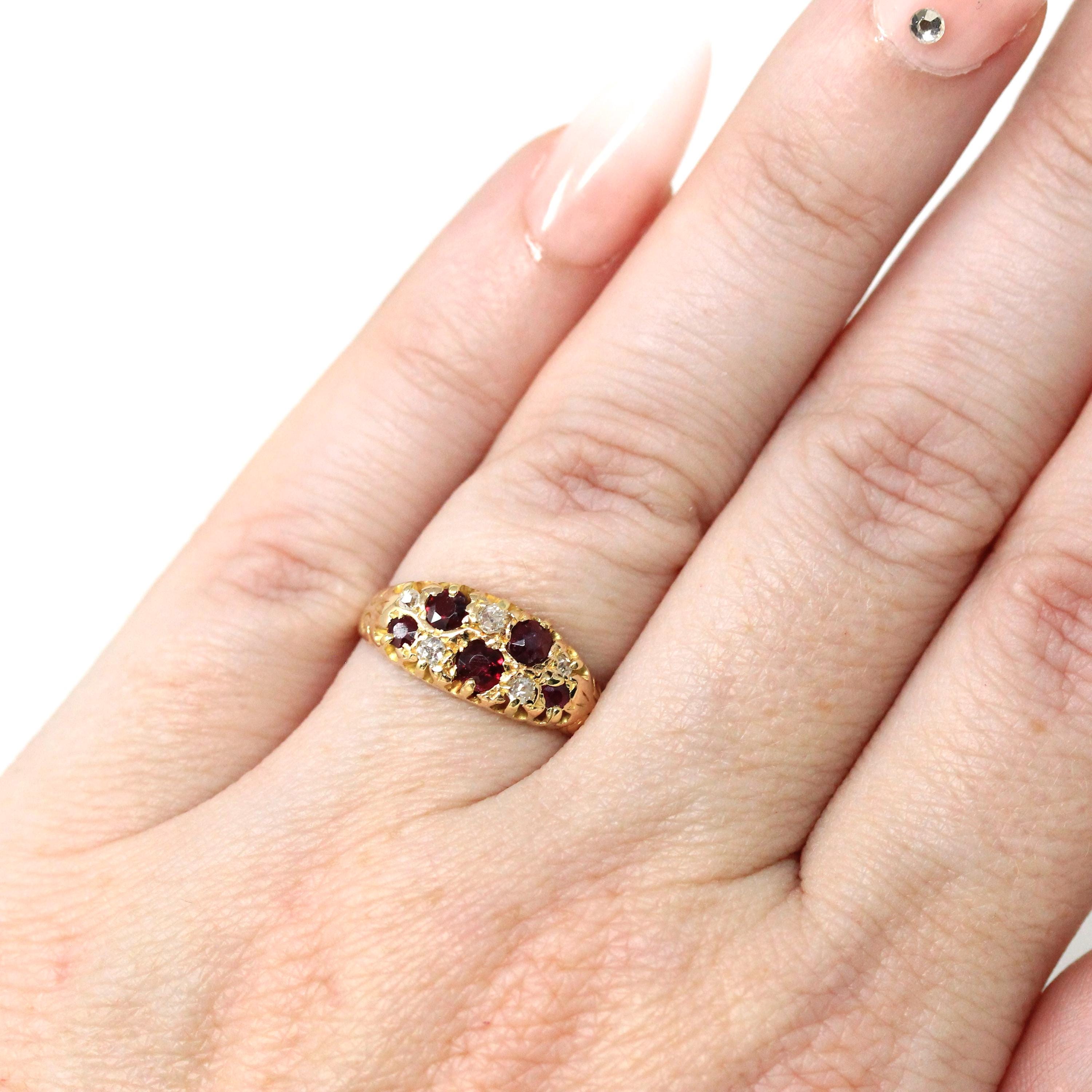 Antique Ruby & Diamond Ring - Edwardian 18k Yellow Gold Natural Red Gemstones Anniversary Band - Circa 1900s Size 4 3/4 Fine Bridal Jewelry