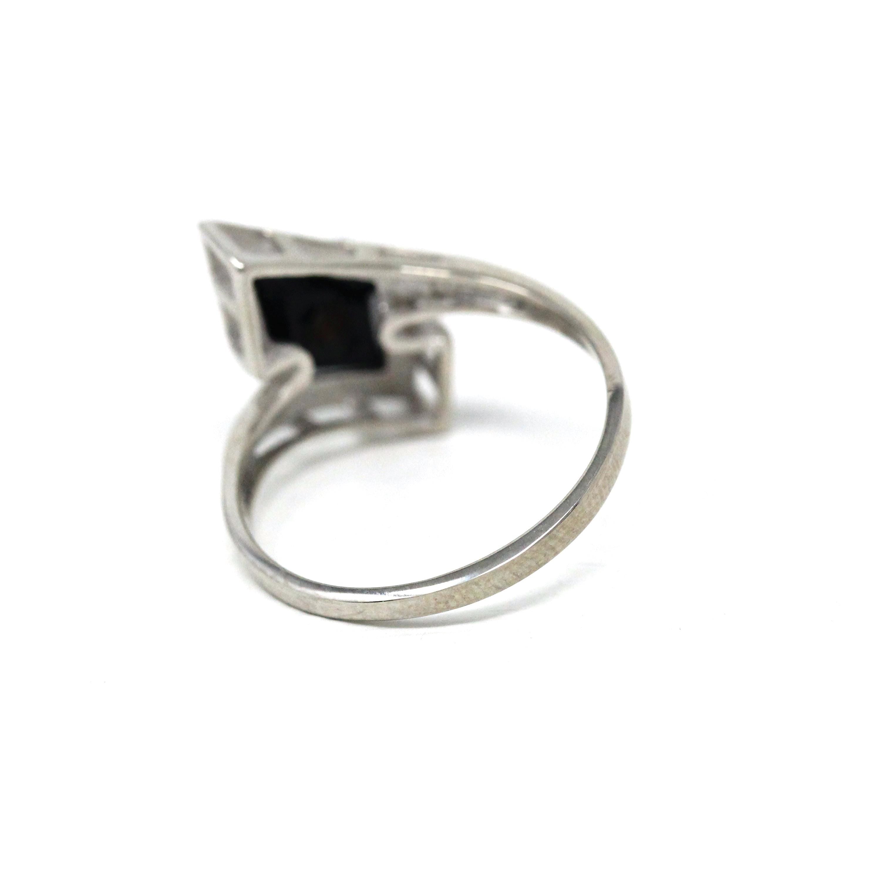 Vintage Onyx Ring - Retro 10k White Gold Natural Diamond Black Chalcedony Gem - Circa 1960s Era Size 7 Kite Navette Fine Bohemian Jewelry