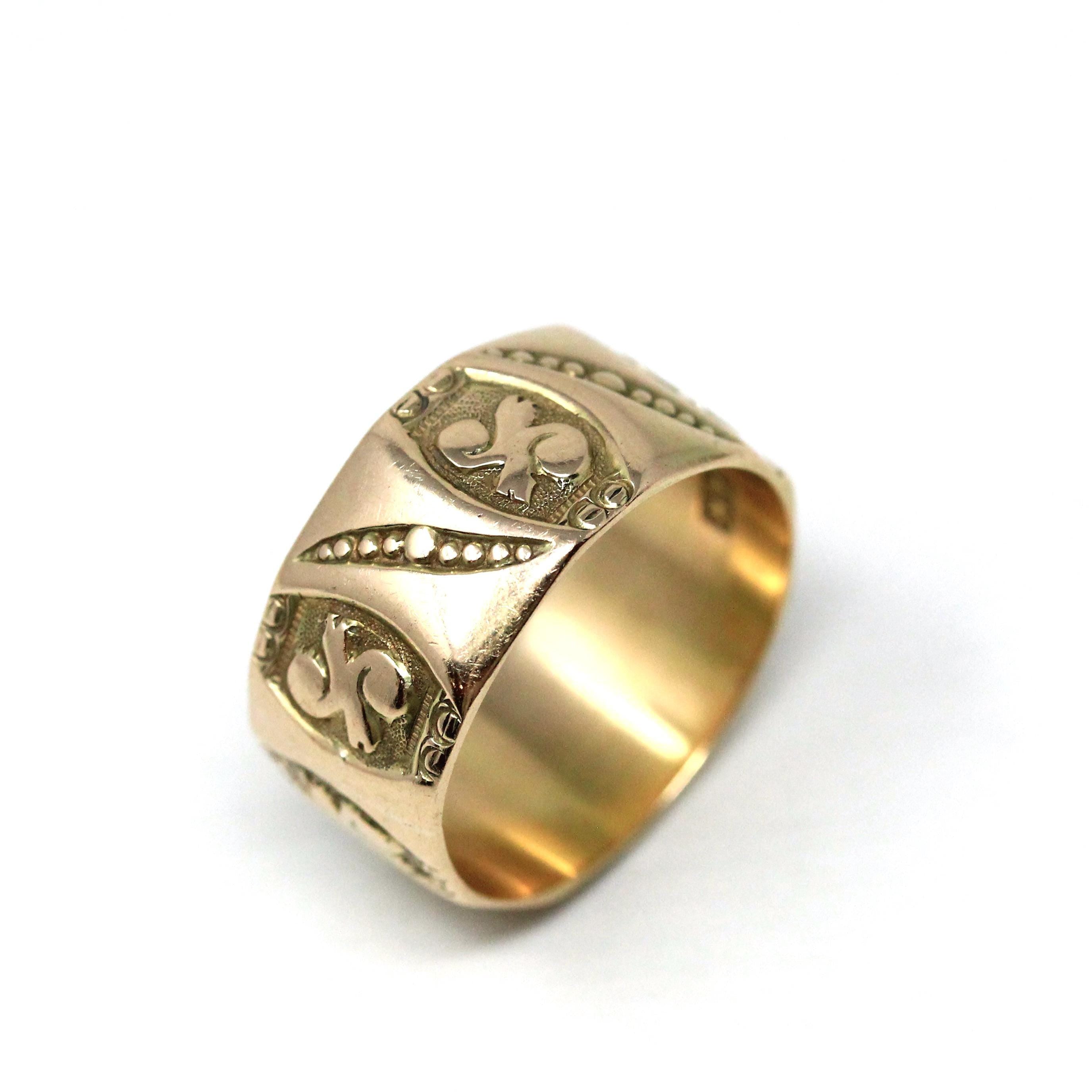 Antique Cigar Band - Victorian 14k Yellow Gold Engraved Designs Unisex Ring - Circa 1890s Era Size 6 Fine Statement Jewelry