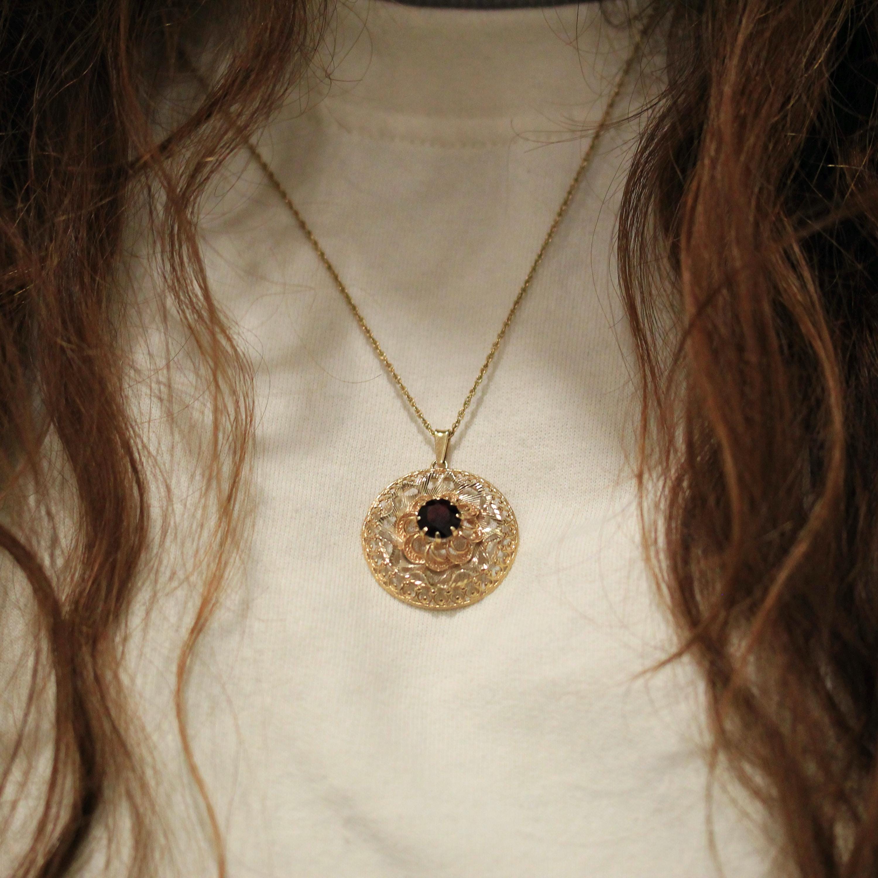 Vintage Garnet Necklace - Retro 9k Yellow Gold Natural Red Gemstone Pendant - Circa 1970s Era Fine Statement January Birthstone Jewelry