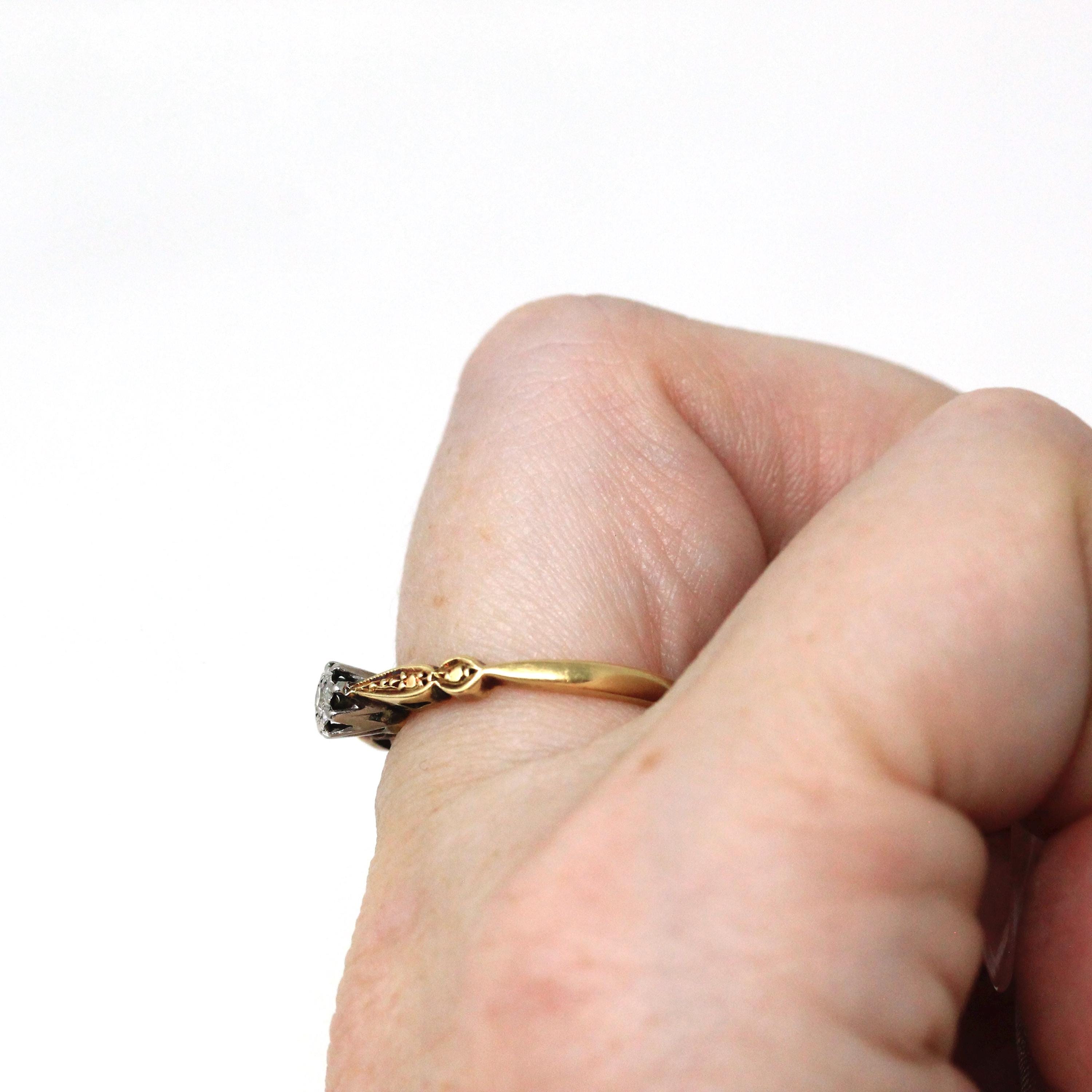 Star Diamond Ring - Retro Era English 18k Yellow Gold & Platinum Natural .03 CT Engagement Ring - Circa 1970s Size 5 3/4 Fine Bridal Jewelry