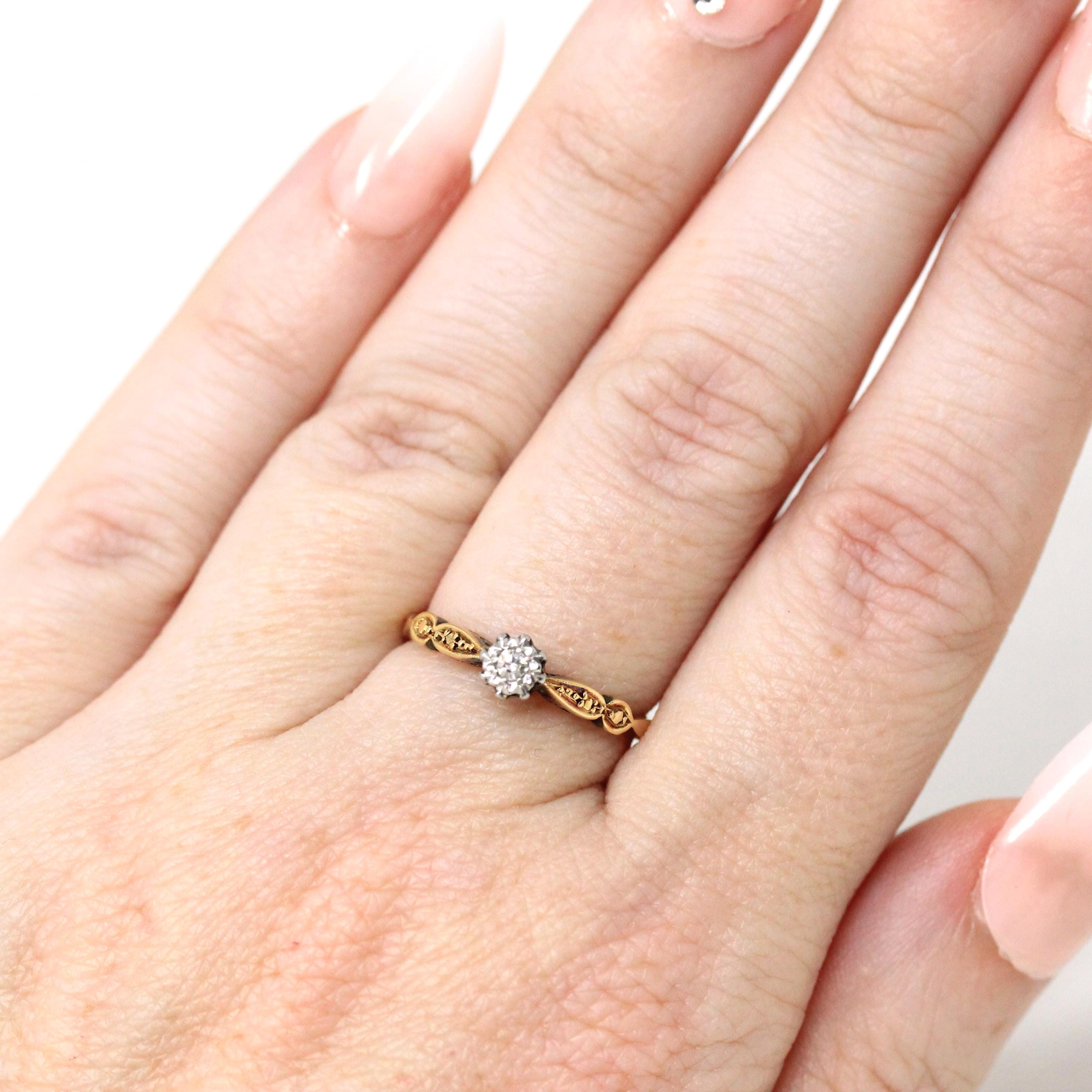 Star Diamond Ring - Retro Era English 18k Yellow Gold & Platinum Natural .03 CT Engagement Ring - Circa 1970s Size 5 3/4 Fine Bridal Jewelry