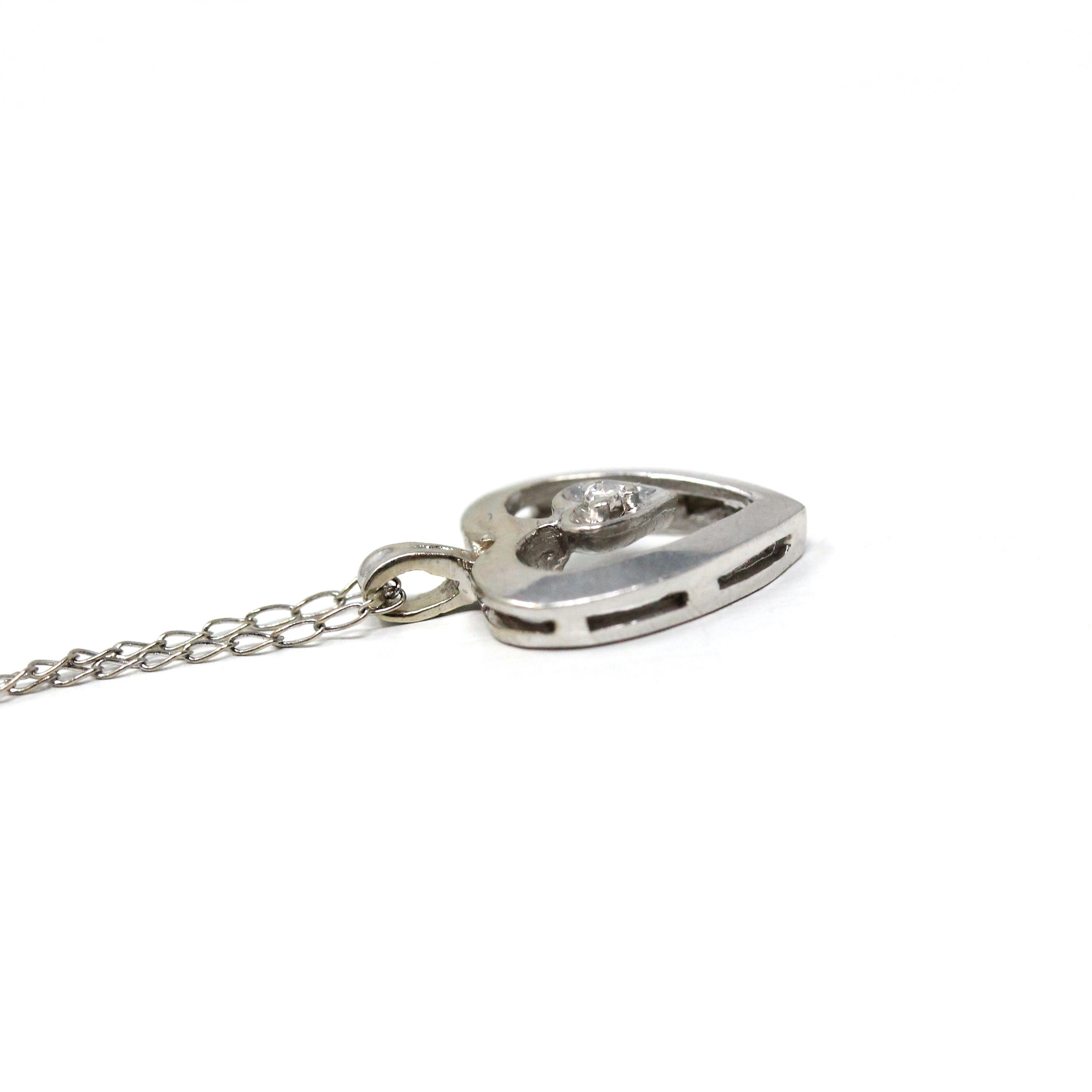 Diamond Heart Necklace - Modern 14k White Gold Natural Genuine Gemstone Pendant - Estate Circa 1980s Valentine's Day Gift Fine 80s Jewelry