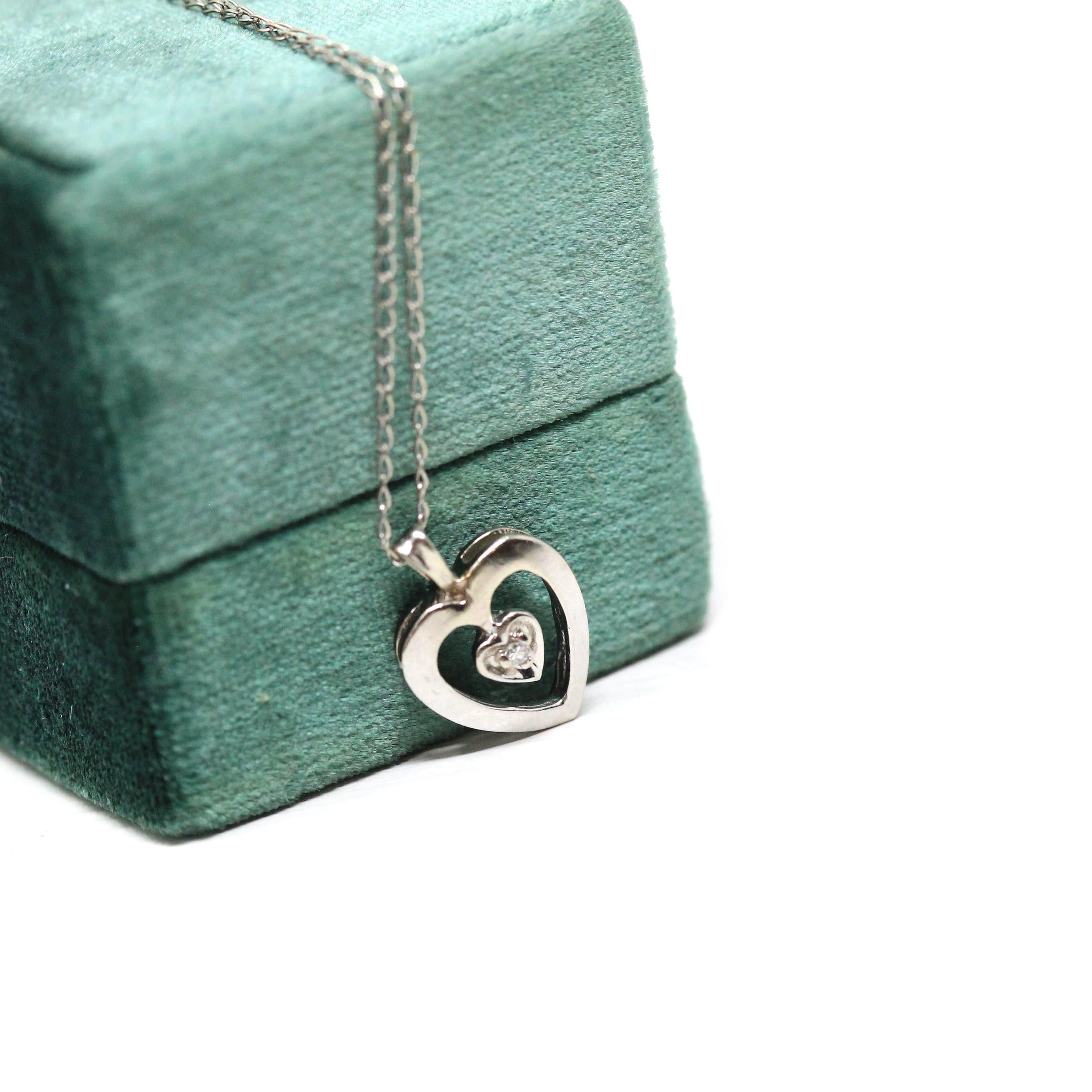 Diamond Heart Necklace - Modern 14k White Gold Natural Genuine Gemstone Pendant - Estate Circa 1980s Valentine's Day Gift Fine 80s Jewelry