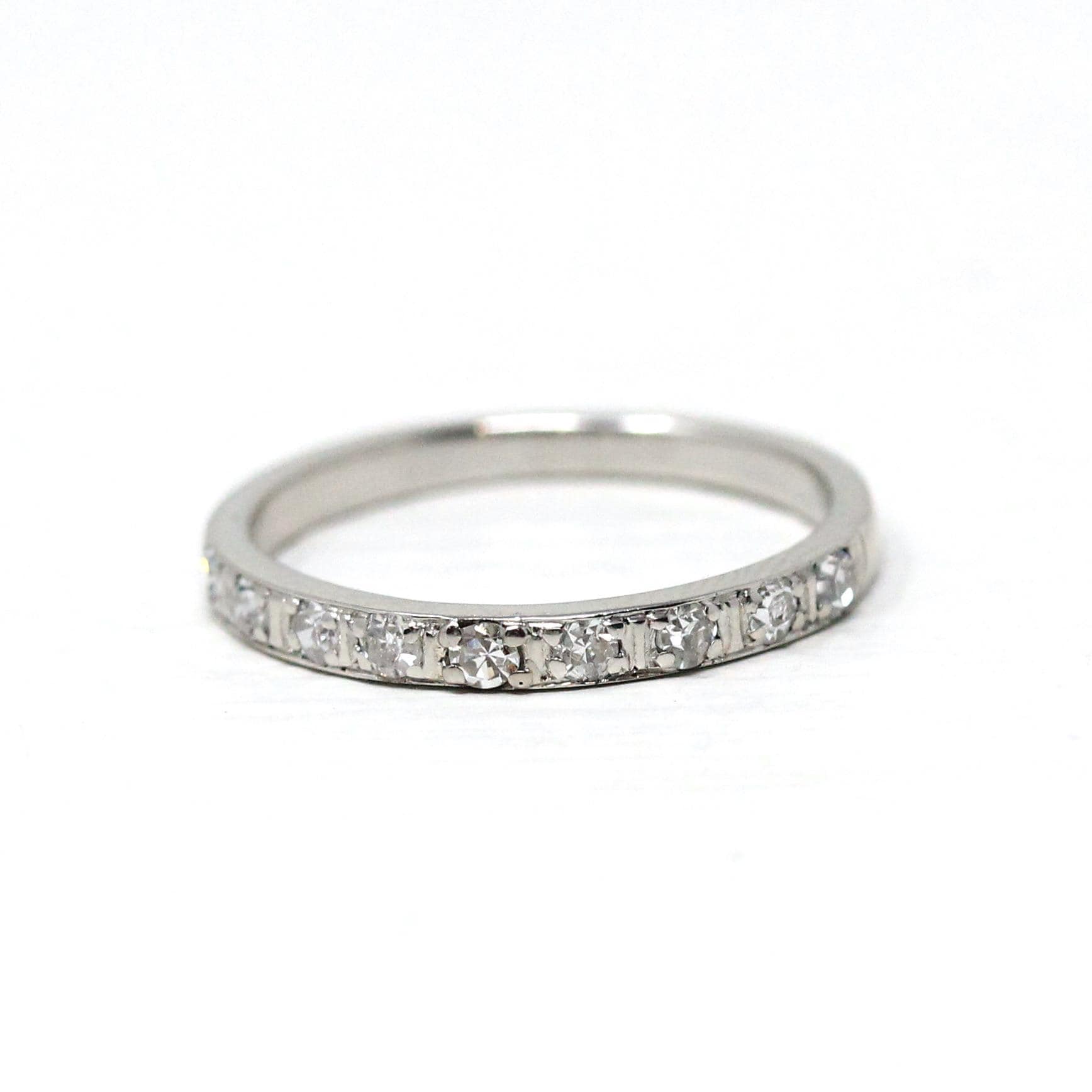 Art Deco Diamond Wedding Band - Vintage Platinum Natural .18 CTW Gemstones Ring - Circa 1930s Era Size 5 Half Eternity Fine Bridal Jewelry