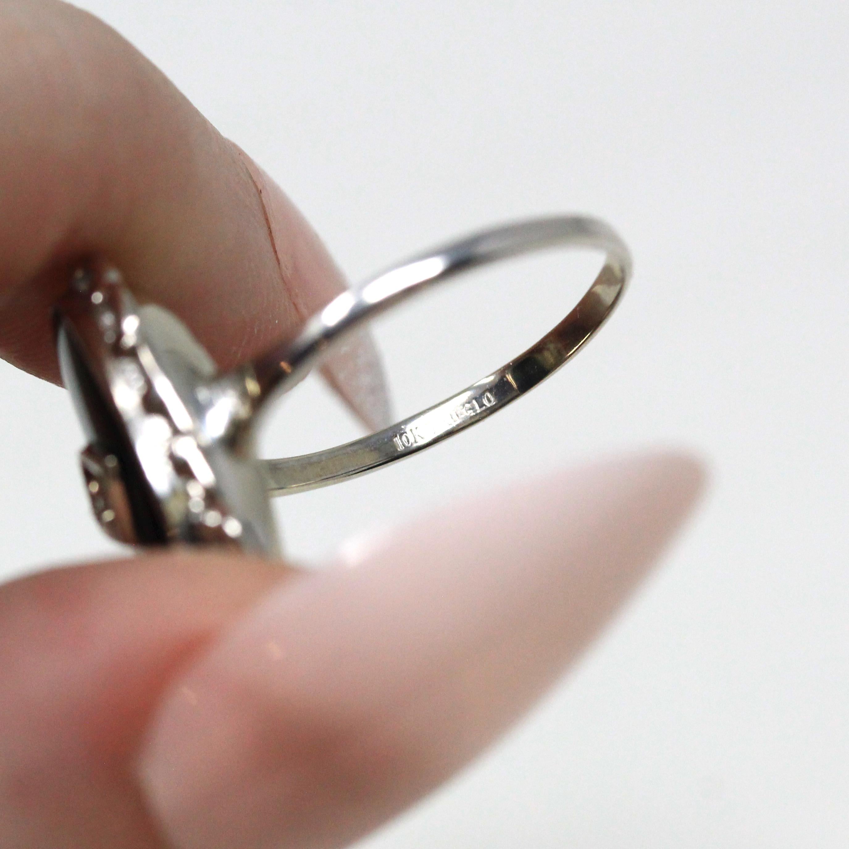 Vintage Onyx Ring - Retro 10k White Gold Natural Diamond Black Chalcedony Gem - Circa 1960s Era Size 6 3/4 Oval Scalloped Fine 60s Jewelry