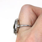 Vintage Onyx Ring - Retro 10k White Gold Natural Diamond Black Chalcedony Gem - Circa 1960s Era Size 6 3/4 Oval Scalloped Fine 60s Jewelry