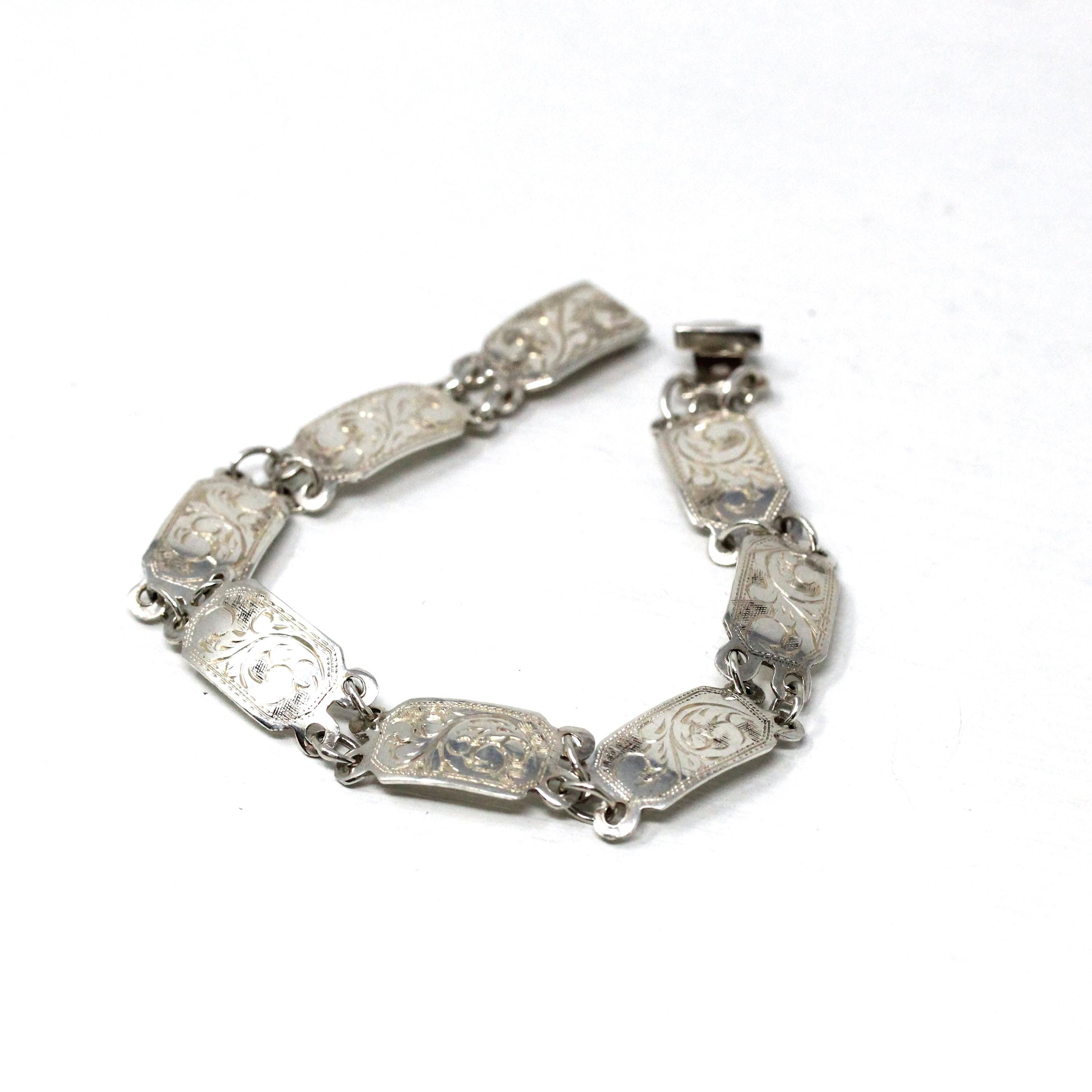 Vintage Siam Bracelet - Retro Sterling Silver Eight Decorative Panels Thailand Thai - Circa 1940s Era Paisley Fashion Accessory Jewelry
