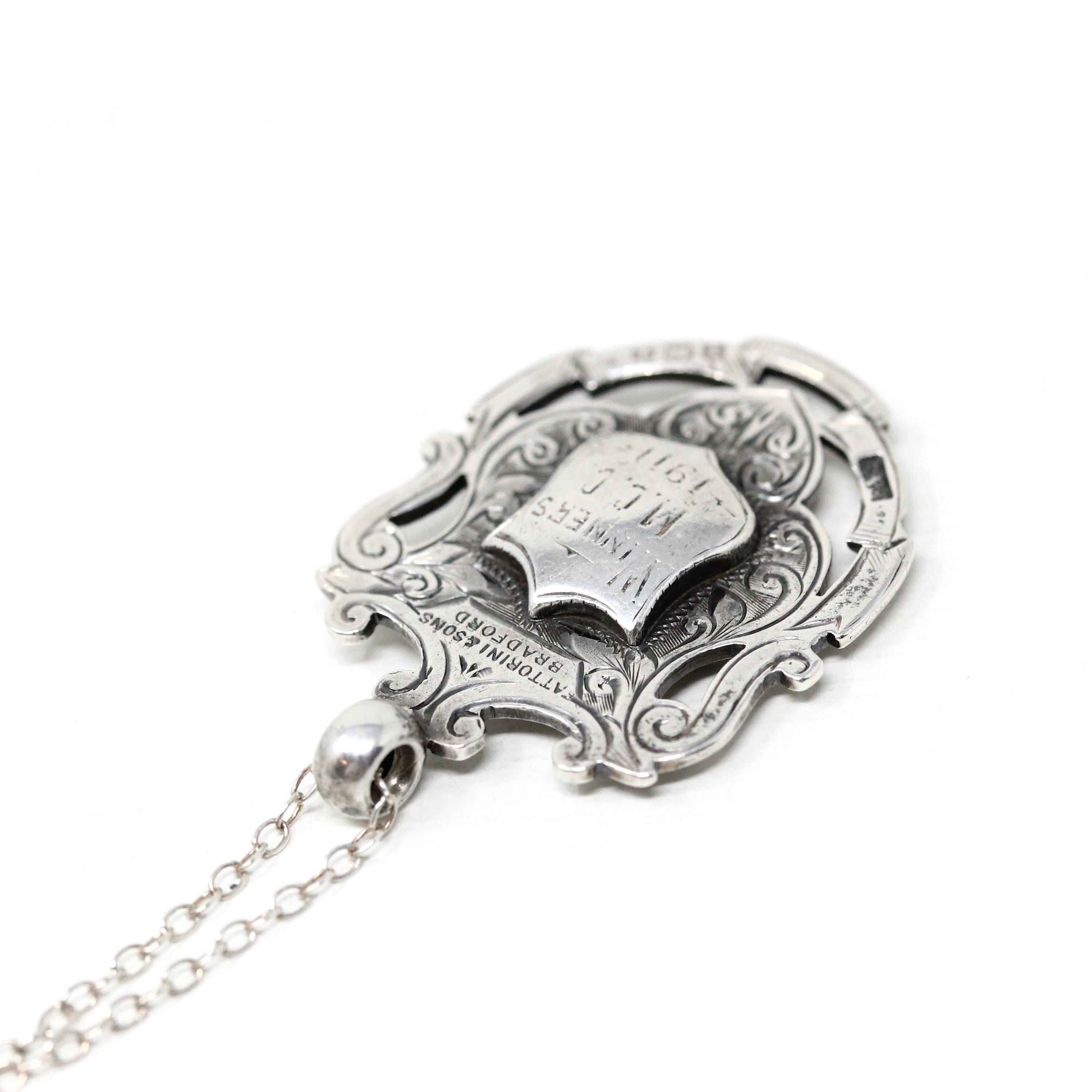 Antique Sterling Silver Fob - Edwardian Era Two Sided Rose Gold Shield Charm - Hallmarked 1911 Birmingham England Fattorini Bradford Jewelry