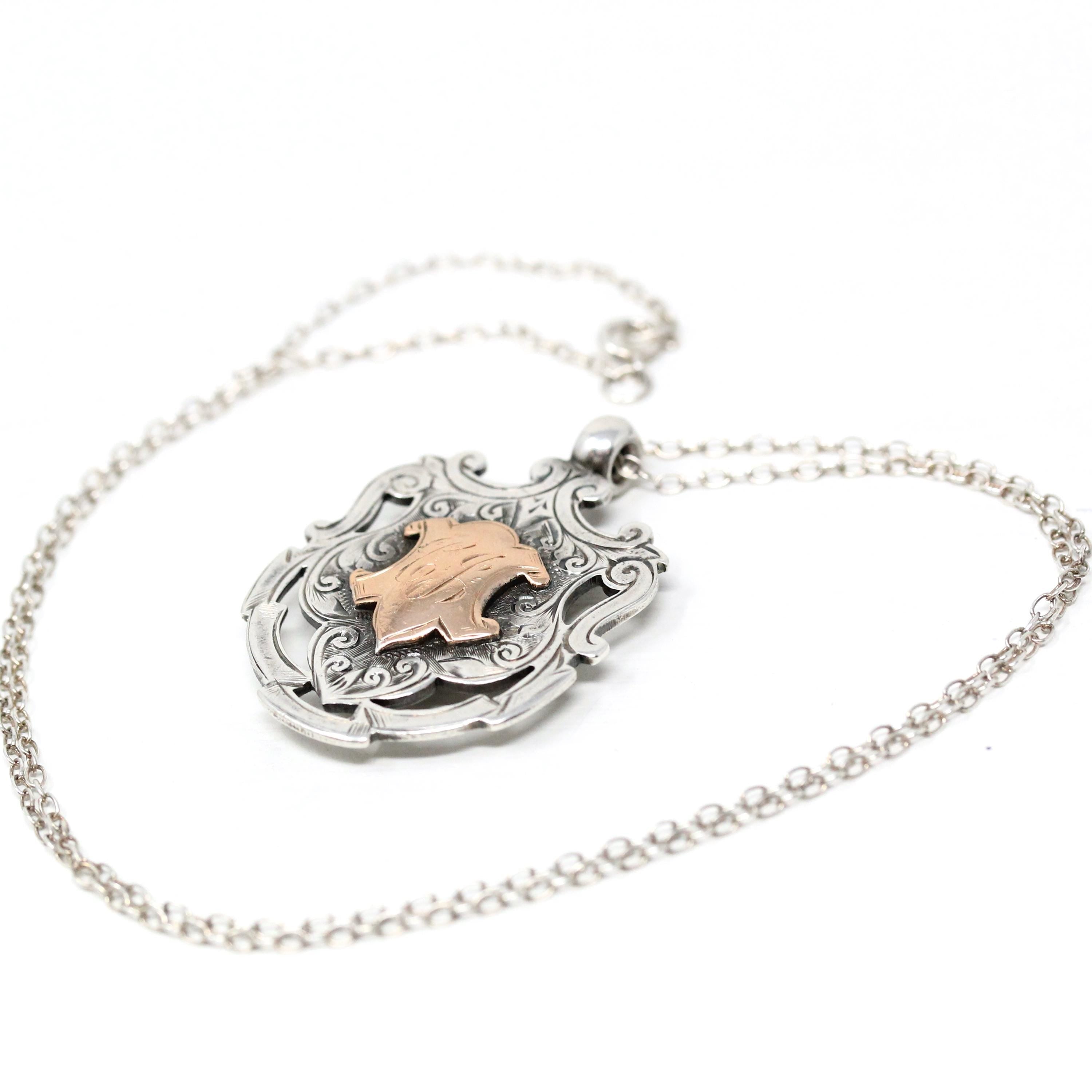 Antique Sterling Silver Fob - Edwardian Era Two Sided Rose Gold Shield Charm - Hallmarked 1911 Birmingham England Fattorini Bradford Jewelry