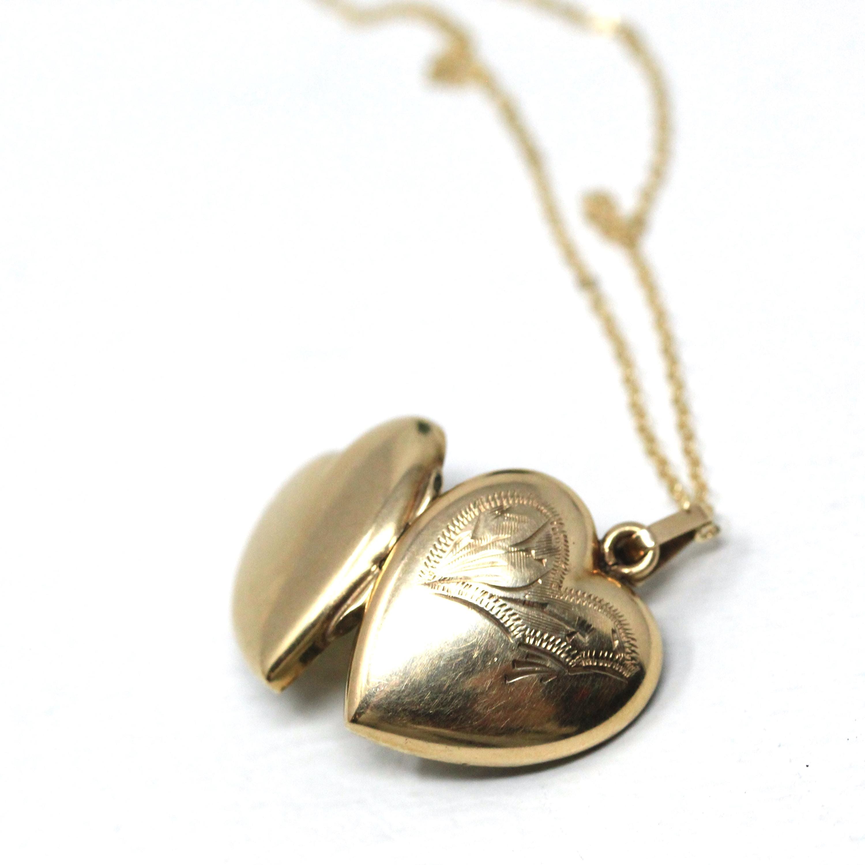 Vintage Heart Locket - Retro 9ct Yellow Gold Keepsake Pendant Necklace - Circa 1960s Era Engraved Designs Photograph Fine Flower Jewelry
