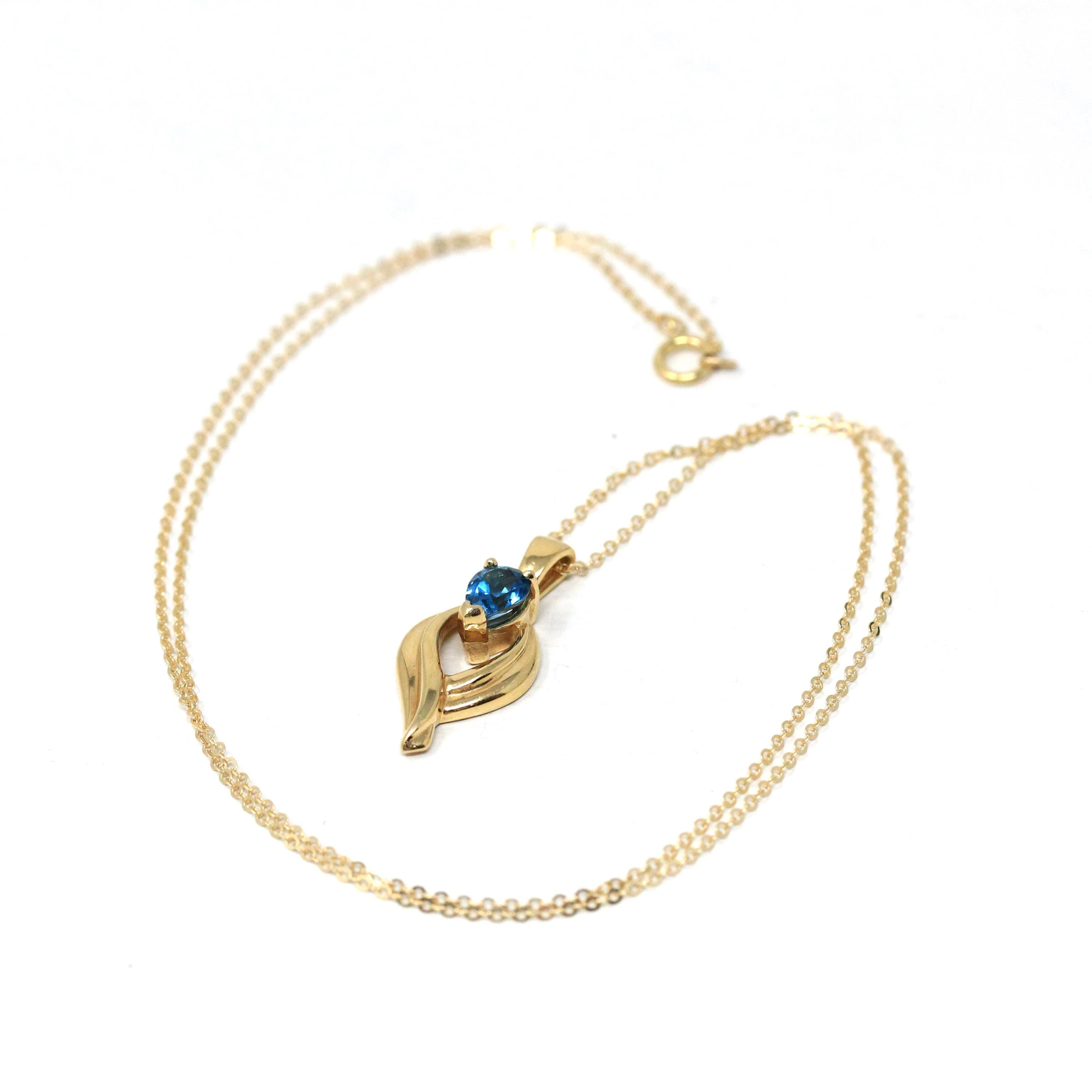 London Blue Topaz Necklace - Modern 14k Yellow Gold Pear Faceted .80 CT Natural Gem - Estate Circa 2000s December Birthstone Pendant Jewelry