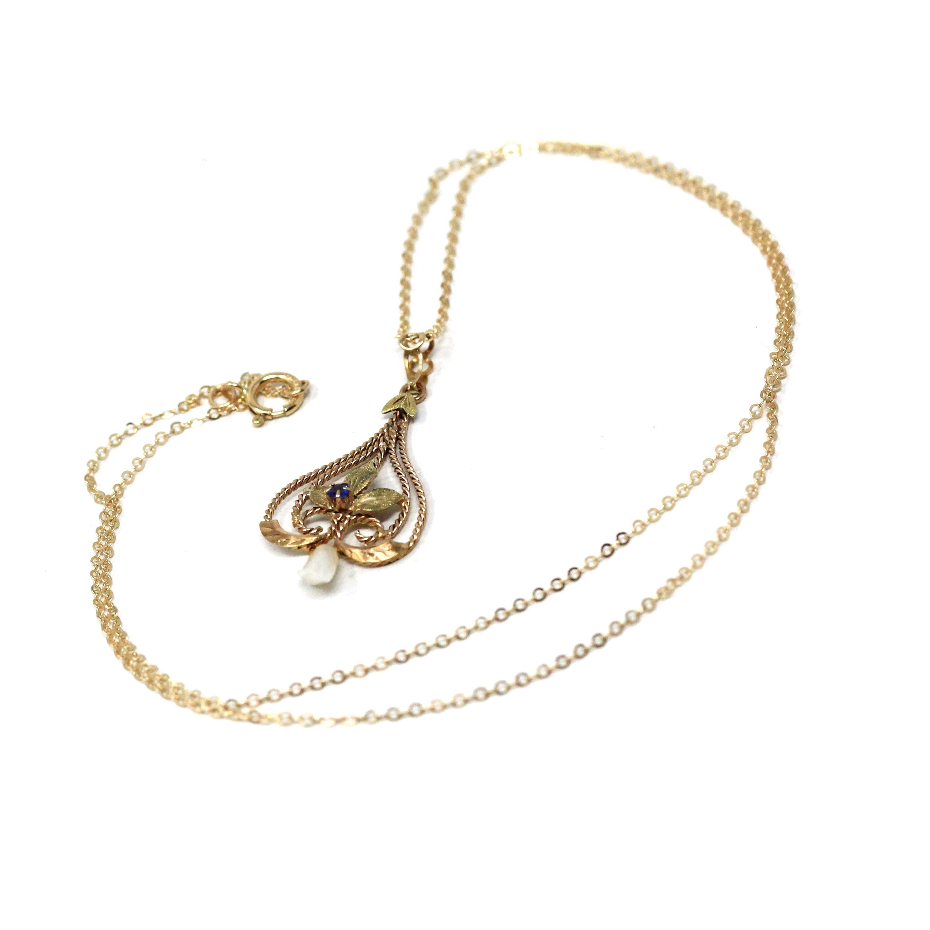 Antique Lavalier Necklace - Edwardian 10k Yellow Gold Baroque Pearl Pendant Charm - Antique Circa 1910s Garnet Glass Doublet Leaf Jewelry