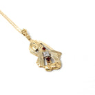 Retro Garnet Lavalier - 10k Yellow Gold Three Stone Diamond Accent Pendant - Vintage Circa 1940s Era January Birthstone Flower Fine Jewelry