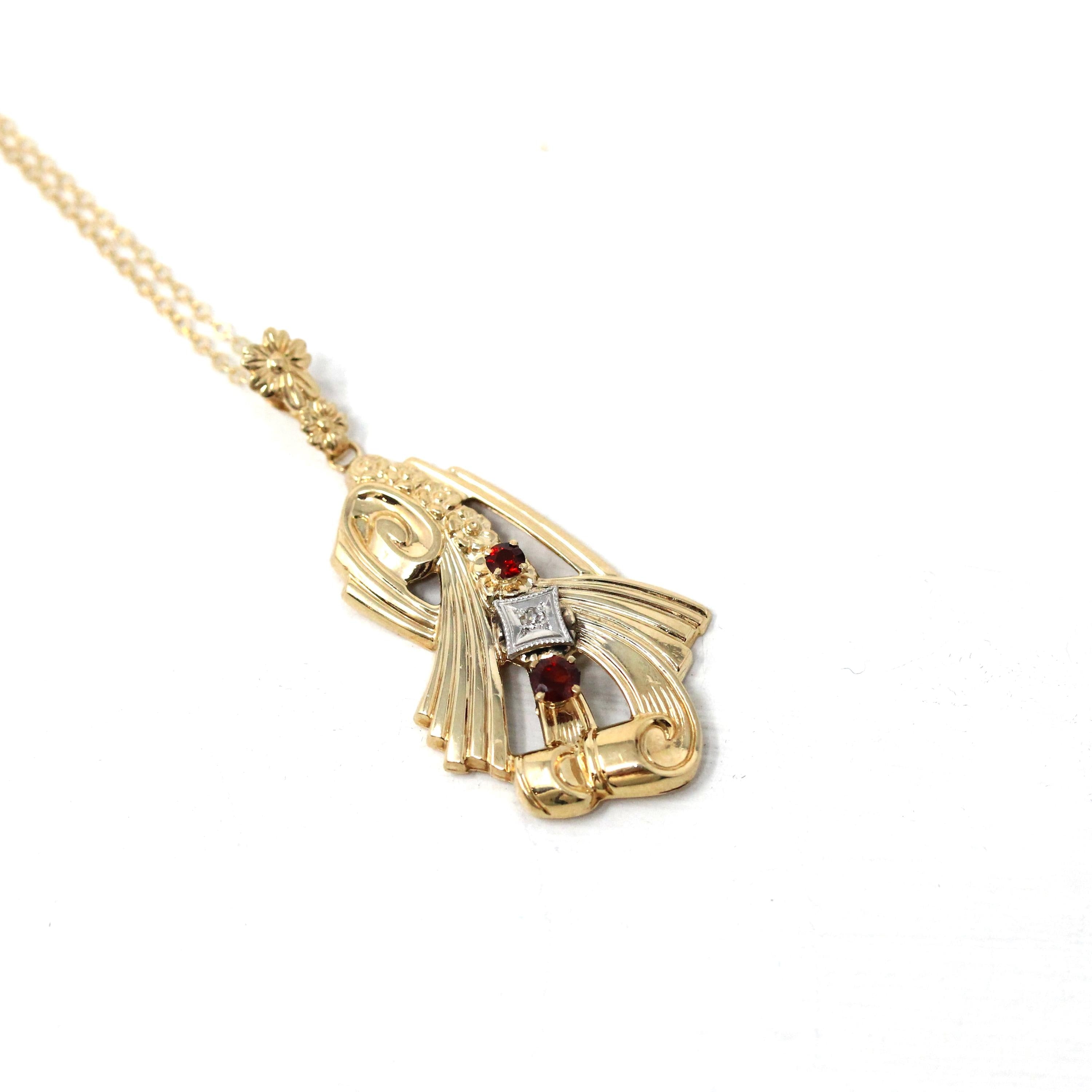 Retro Garnet Lavalier - 10k Yellow Gold Three Stone Diamond Accent Pendant - Vintage Circa 1940s Era January Birthstone Flower Fine Jewelry