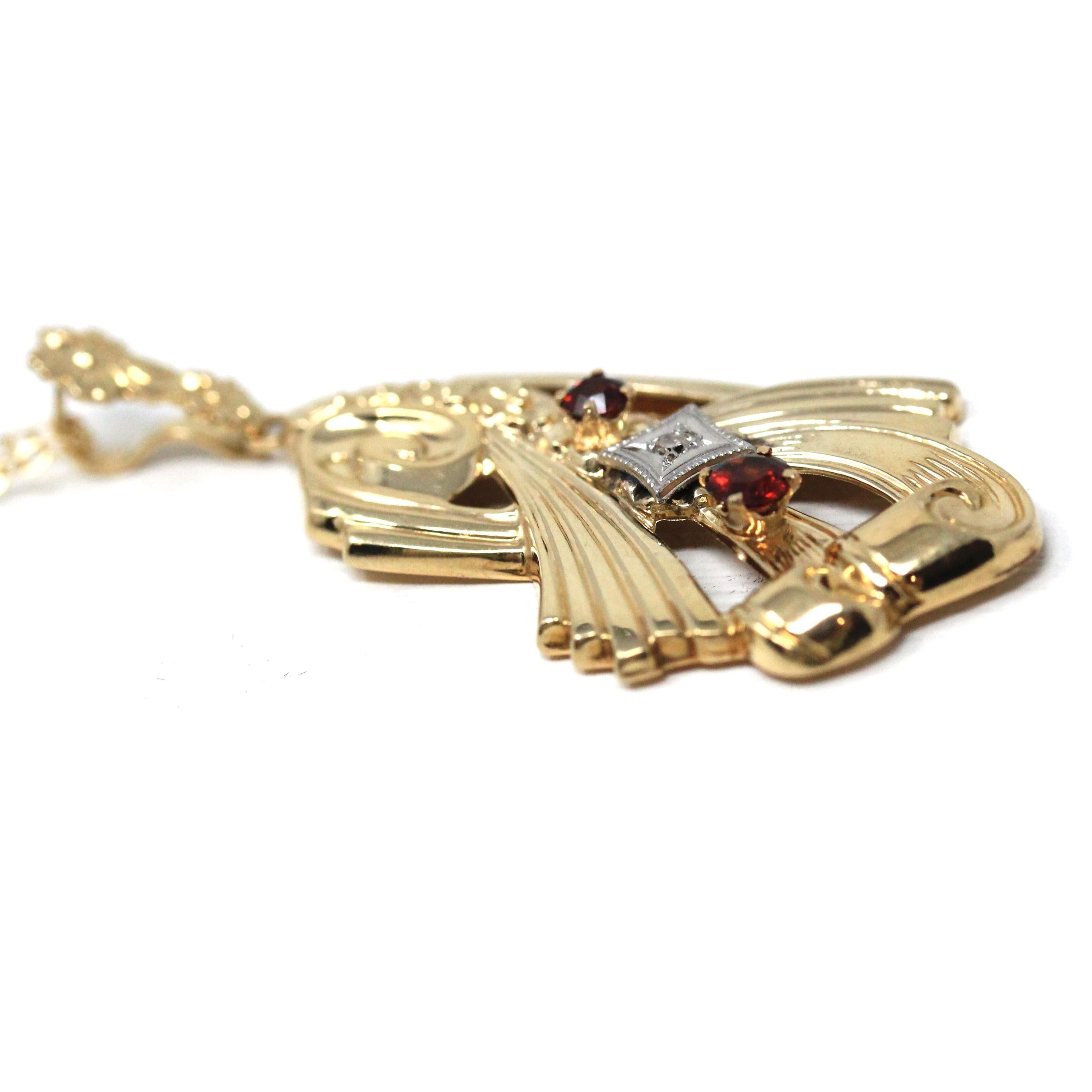 Retro Garnet Lavalier - 10k Yellow Gold Three Stone Diamond Accent Pendant - Vintage Circa 1940s Era January Birthstone Flower Fine Jewelry