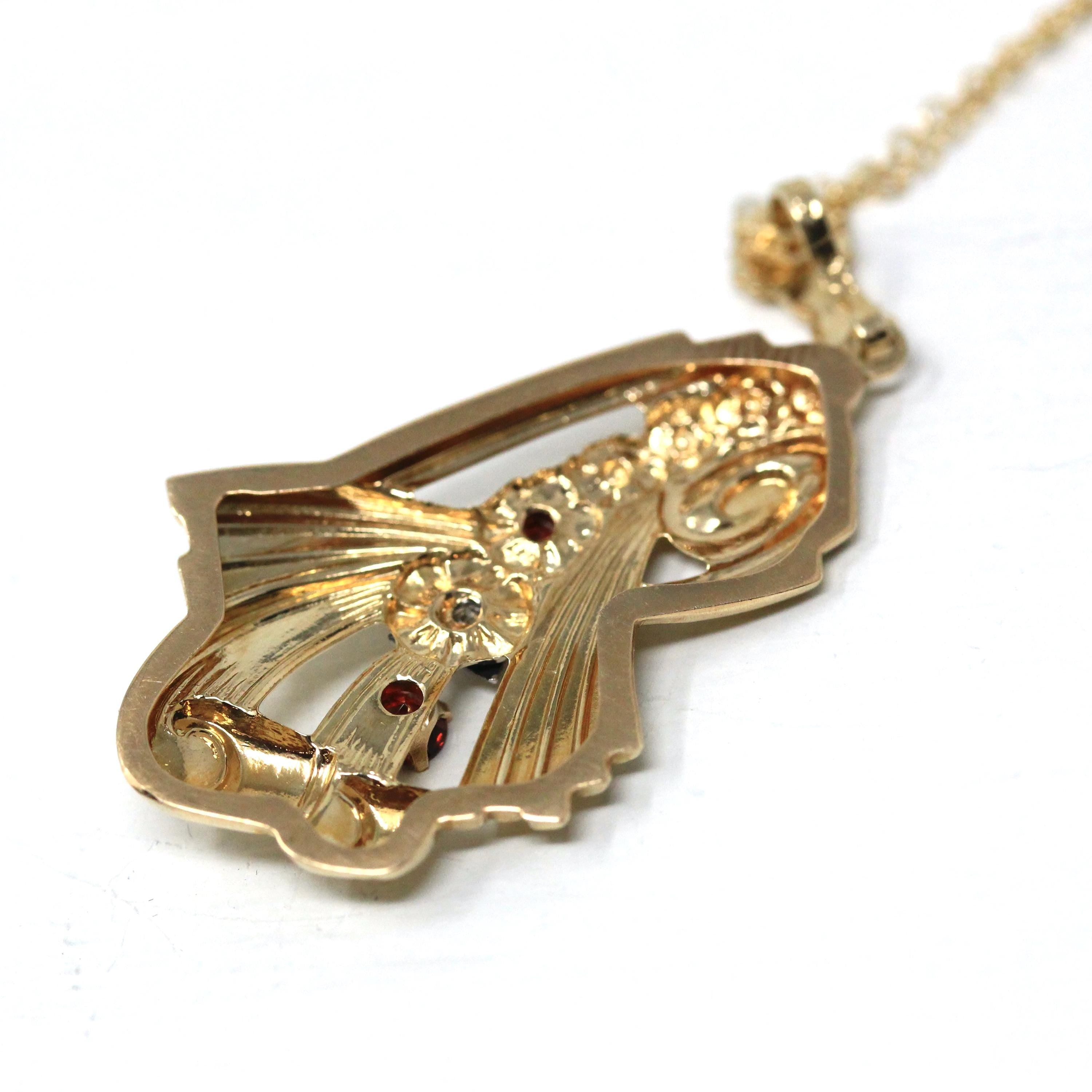 Retro Garnet Lavalier - 10k Yellow Gold Three Stone Diamond Accent Pendant - Vintage Circa 1940s Era January Birthstone Flower Fine Jewelry