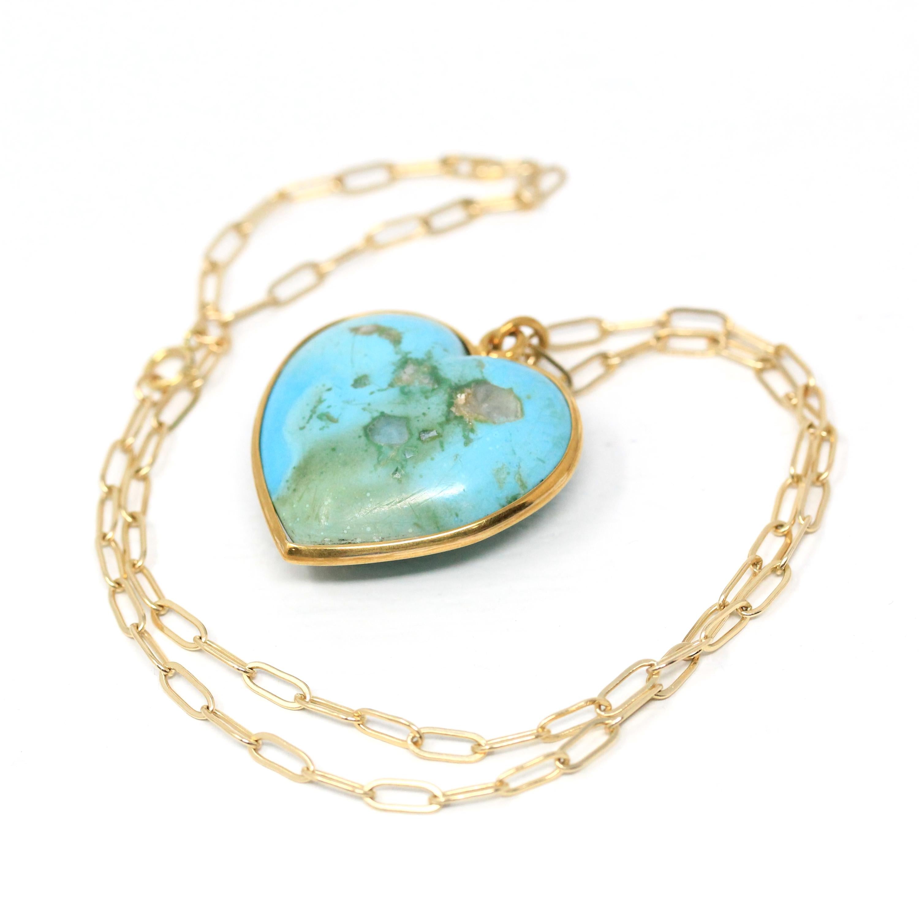 Turquoise Heart Necklace - Antique Edwardian 18k Yellow Gold Large Blue Statement Charm Pendant - Vintage Circa 1910s Era Love Fine Jewelry