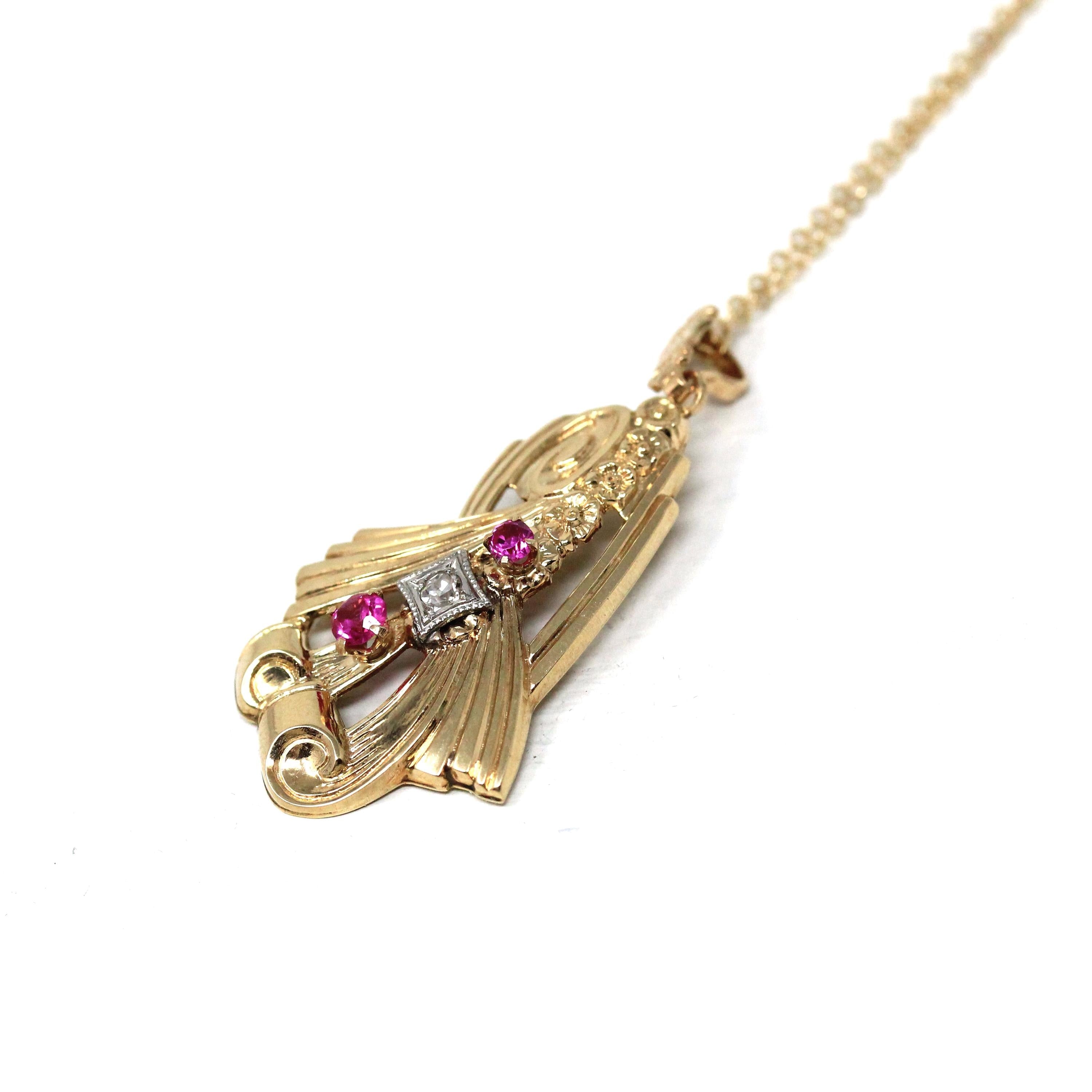 Retro Created Ruby Lavalier - 10k Yellow Gold Three Stone Diamond Accent Pendant - Vintage Circa 1940s July Birthstone Flower Fine Jewelry