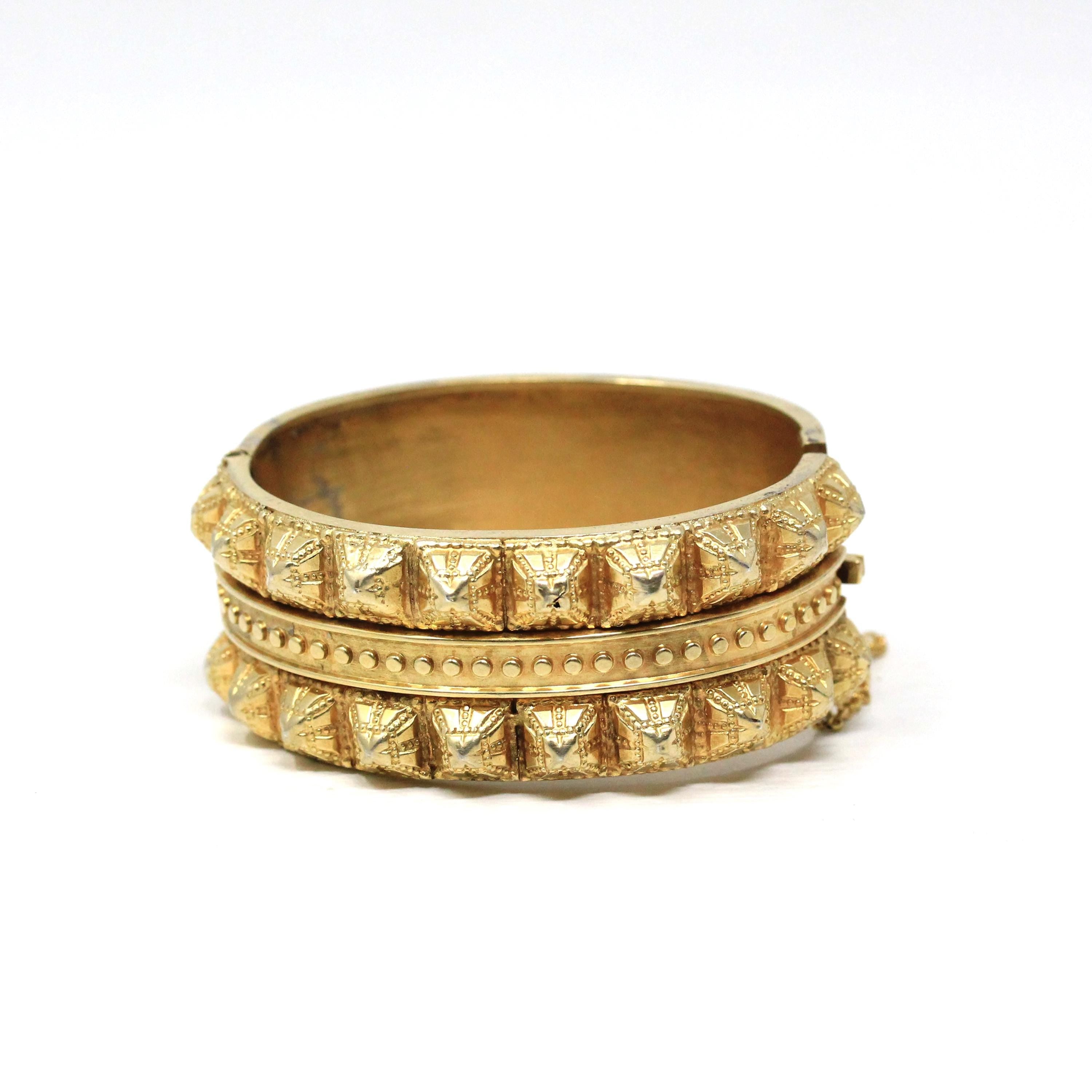 Antique Victorian Bangle - Vintage Silver Gilt Gold Studded Design Bracelet - Circa 1880s Era Gold Plated Wide Statement Late 1800s Jewelry