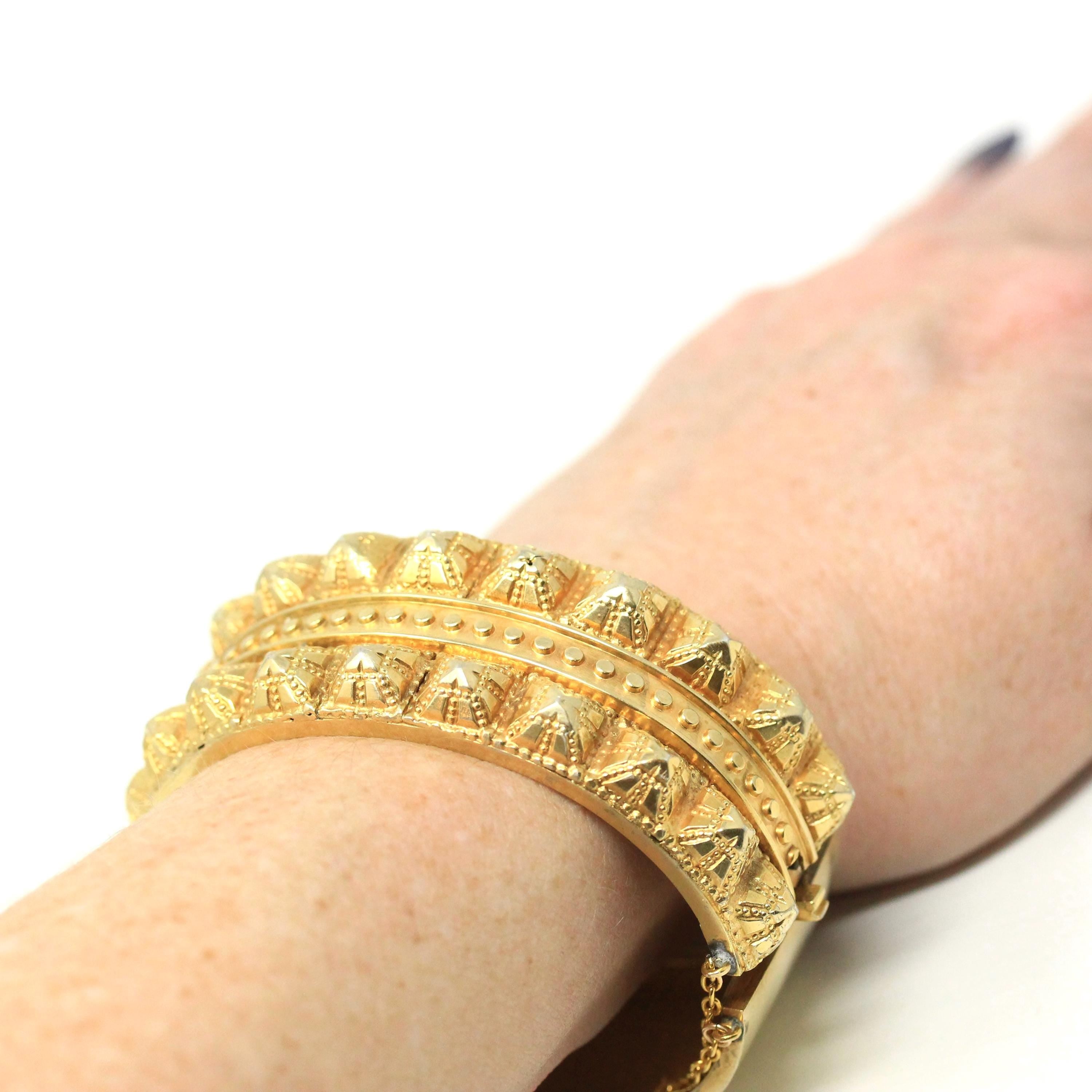Antique Victorian Bangle - Vintage Silver Gilt Gold Studded Design Bracelet - Circa 1880s Era Gold Plated Wide Statement Late 1800s Jewelry