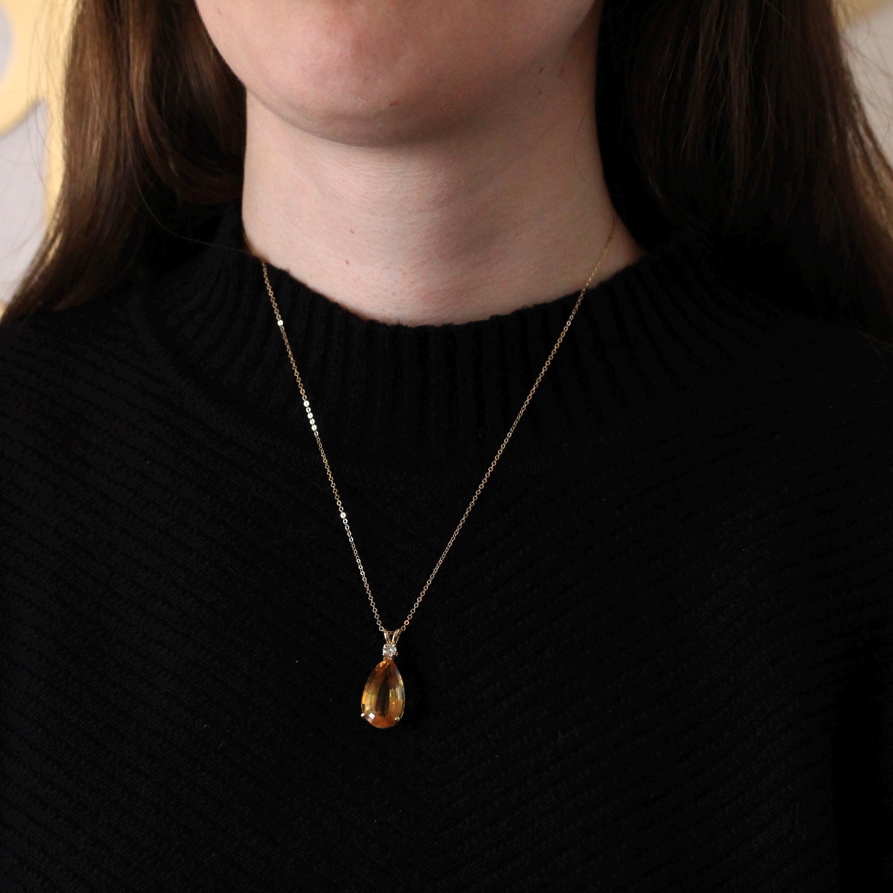 Diamond Citrine Pendant - Modern 14k Yellow Gold Faceted Pear Cut 11.29 CT Natural Gemstone - Estate Circa 2000's Era Statement Fine Jewelry