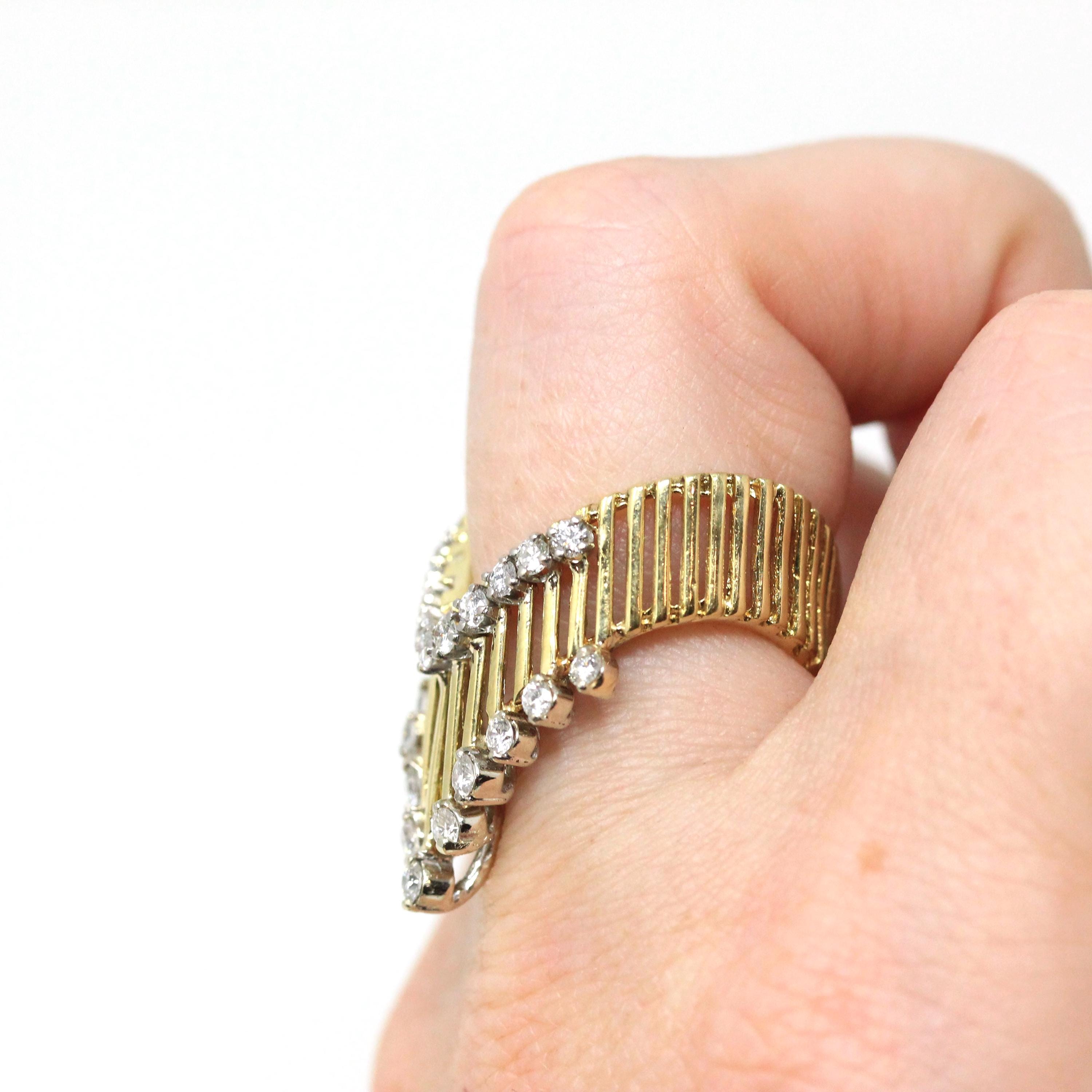 Retro Chevron Ring- Vintage 18k Yellow & White Gold Natural Diamonds V Shaped Band - Circa 1970s Size 6 Open Metal Fine Statement Jewelry