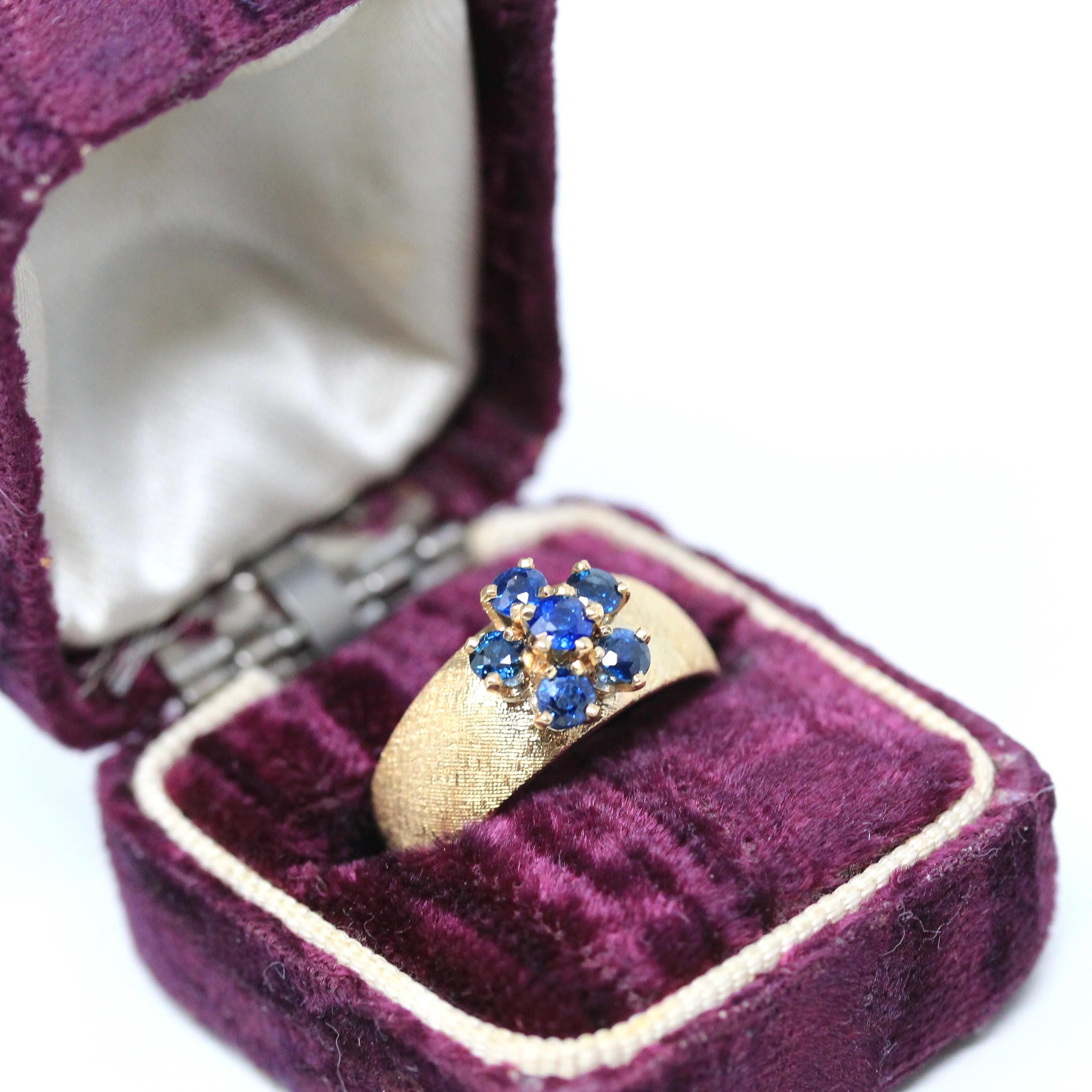 Sapphire Cluster Ring - Estate 14k Yellow Gold Natural Blue Gemstones - Modern Circa 1980s Era Size 6 3/4 Wide Band Fine 80s Flower Jewelry