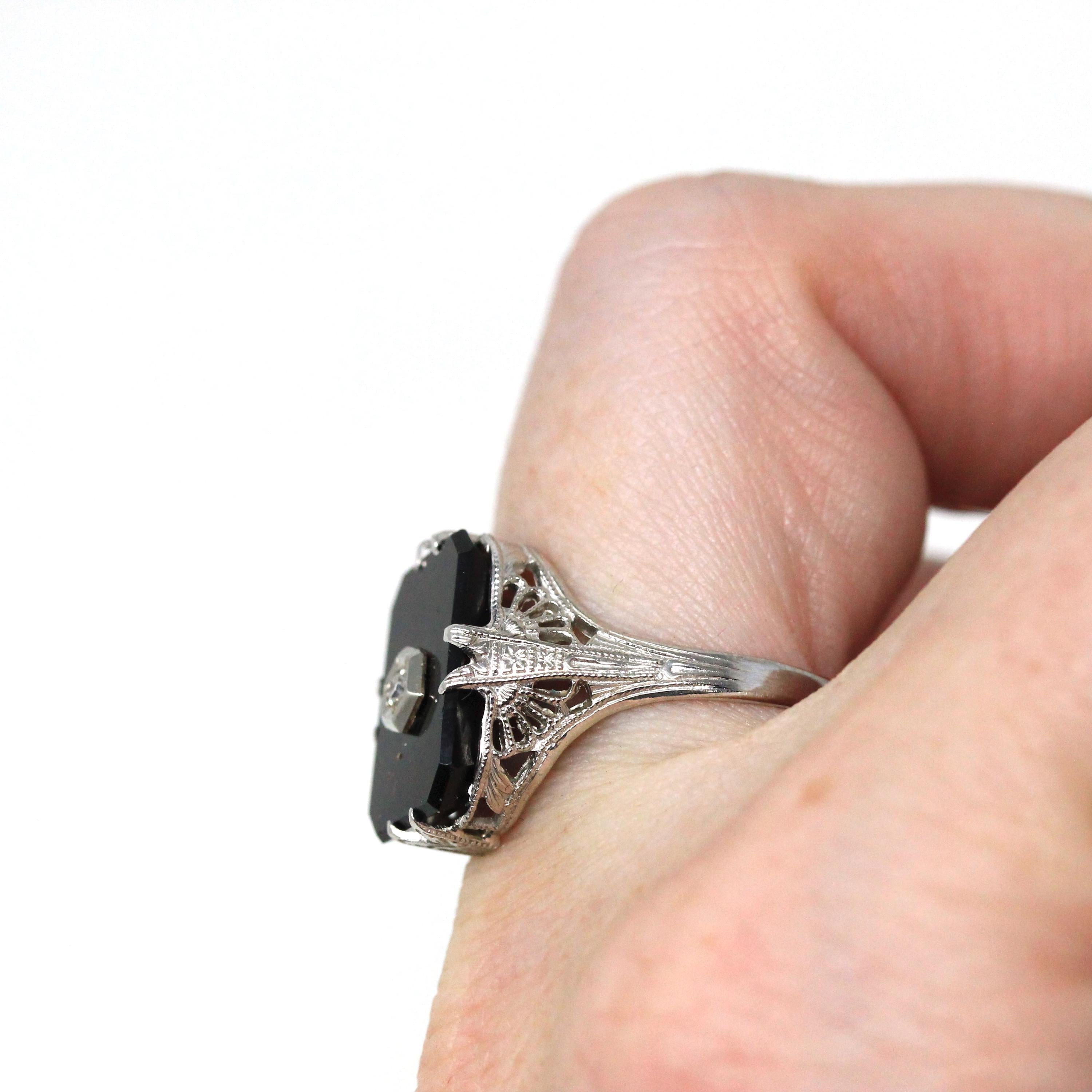 Onyx Filigree Ring - Art Deco Era 14k White Gold Natural .02 CT Diamond Accent - Vintage Circa 1930s Size 7 1/2 Black Chalcedony Jewelry