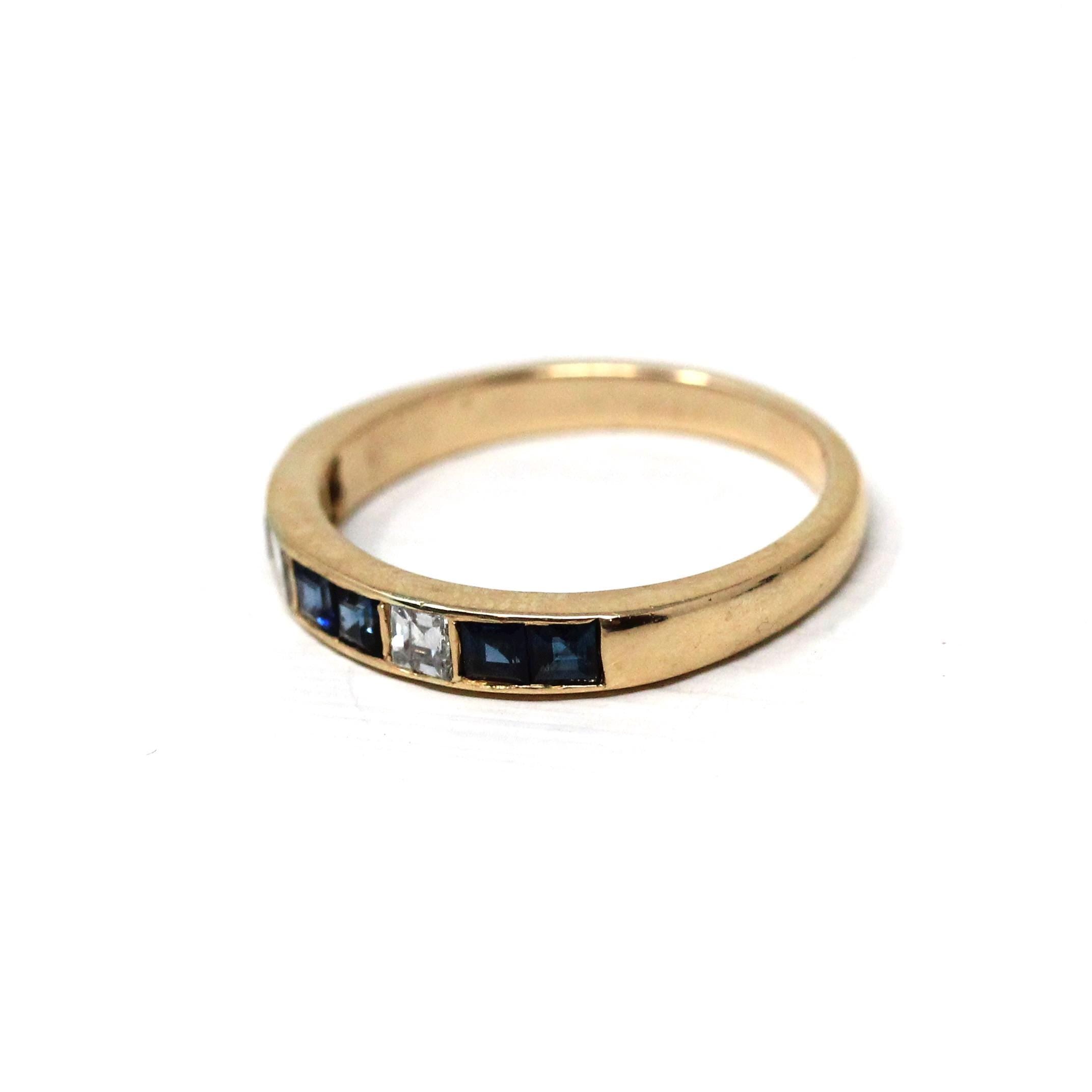 Sapphire & Diamond Ring - Estate 14k Yellow Gold Blue And White Gemstone Channel Band - Estate 1990s Size 5 3/4 Fine Calibre Wedding Jewelry