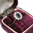 Retro Halo Ring - 9k Yellow & White Gold Oval Natural Sapphire And Diamond Gems - Hallmarked 1976 Size 5 3/4 Engagement Fine Bridal Jewelry