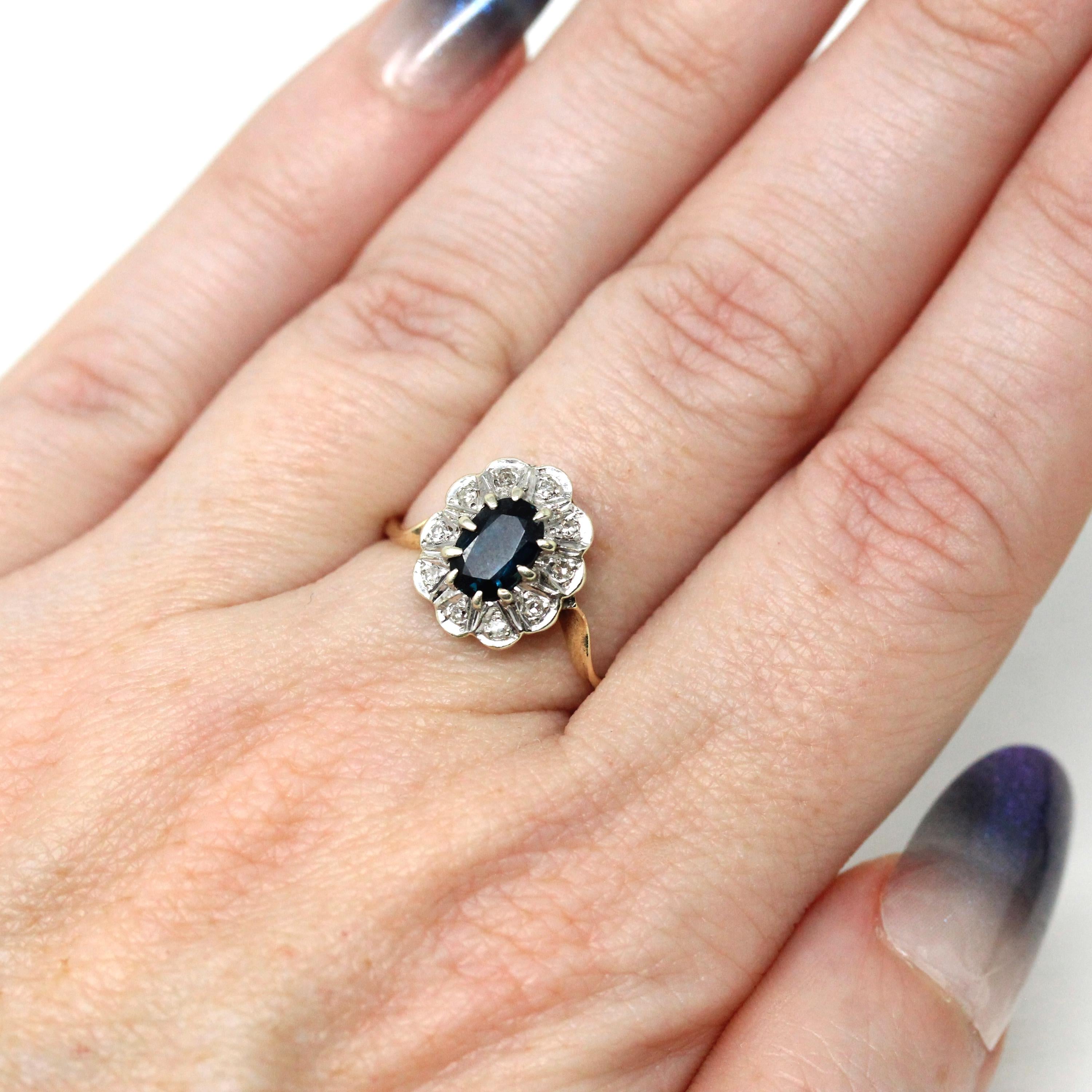 Retro Halo Ring - 9k Yellow & White Gold Oval Natural Sapphire And Diamond Gems - Hallmarked 1976 Size 5 3/4 Engagement Fine Bridal Jewelry