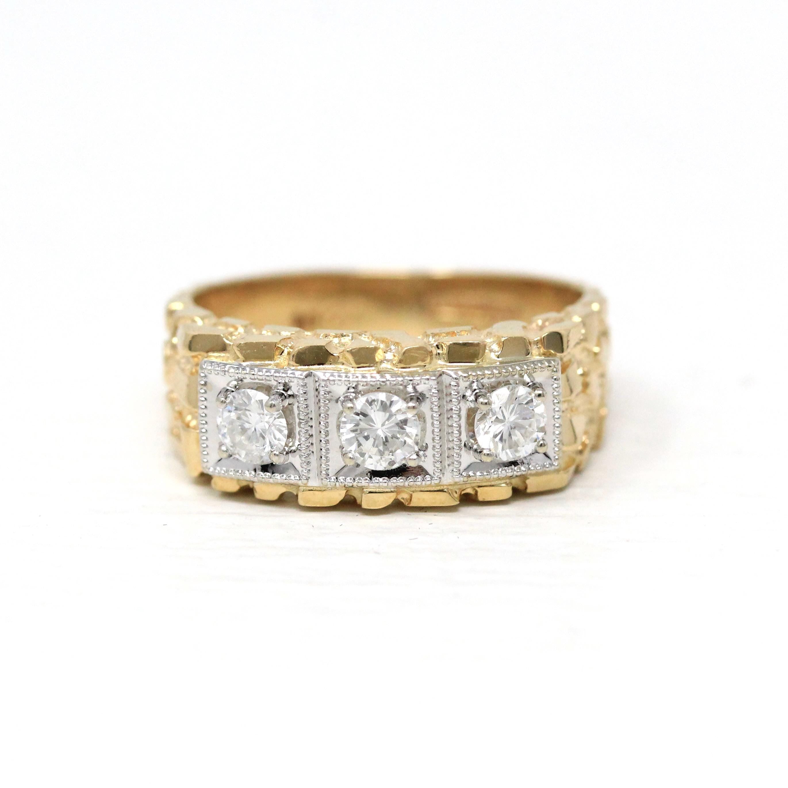 Vintage Nugget Ring - Estate 14k Yellow & White Gold .50 CTW Natural Diamond Band - Modern Size 7.5 Unisex Two Tone Textured Bridal Jewelry