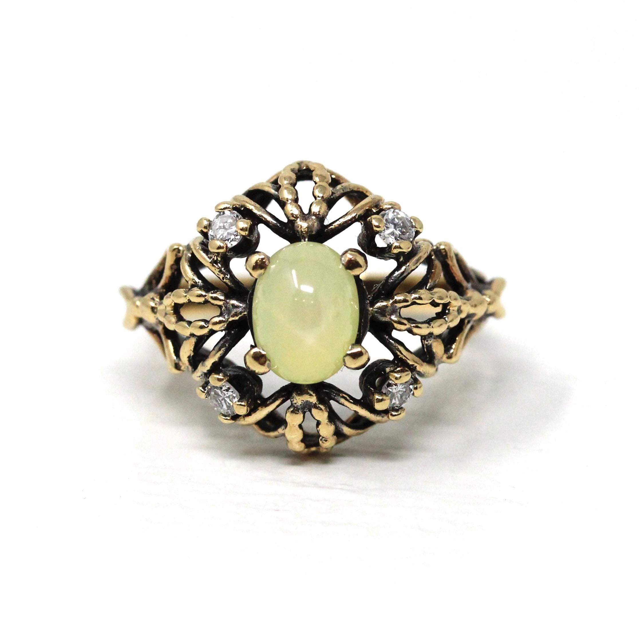 Linde Star Sapphire Ring - Retro 14k Yellow Gold & Natural Diamonds - Vintage Circa 1970s Era Size 6 3/4 Rope Filigree Floral Fine Jewelry