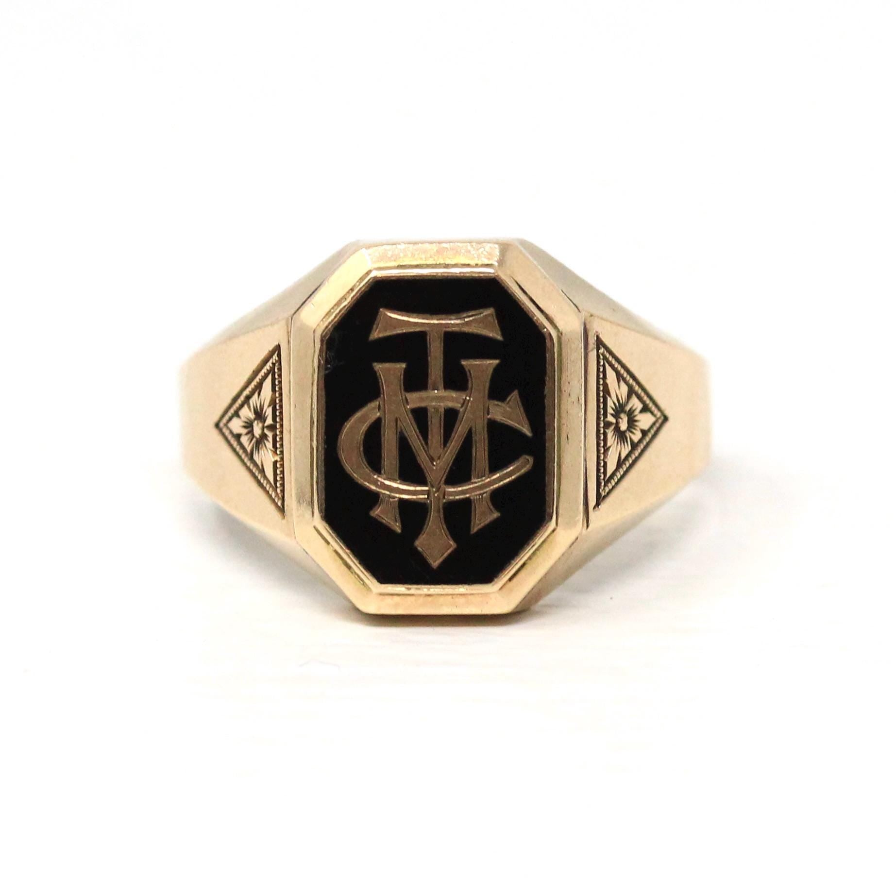 Art Deco Signet Ring - Antique 10k Yellow Gold Black Enamel Letters Statement - Vintage Dated 1926 Era Size 10 1/4 Men's Unisex Fine Jewelry